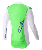 Alpinestars 2023 Supertech Risen Jersey, camisola de motocross, branca e verde fluorescente com detalhes em azul, vista traseira destacando a malha elástica respirável e o painel traseiro prolongado para cobertura, equipamento de performance leve para corridas de todo-o-terreno