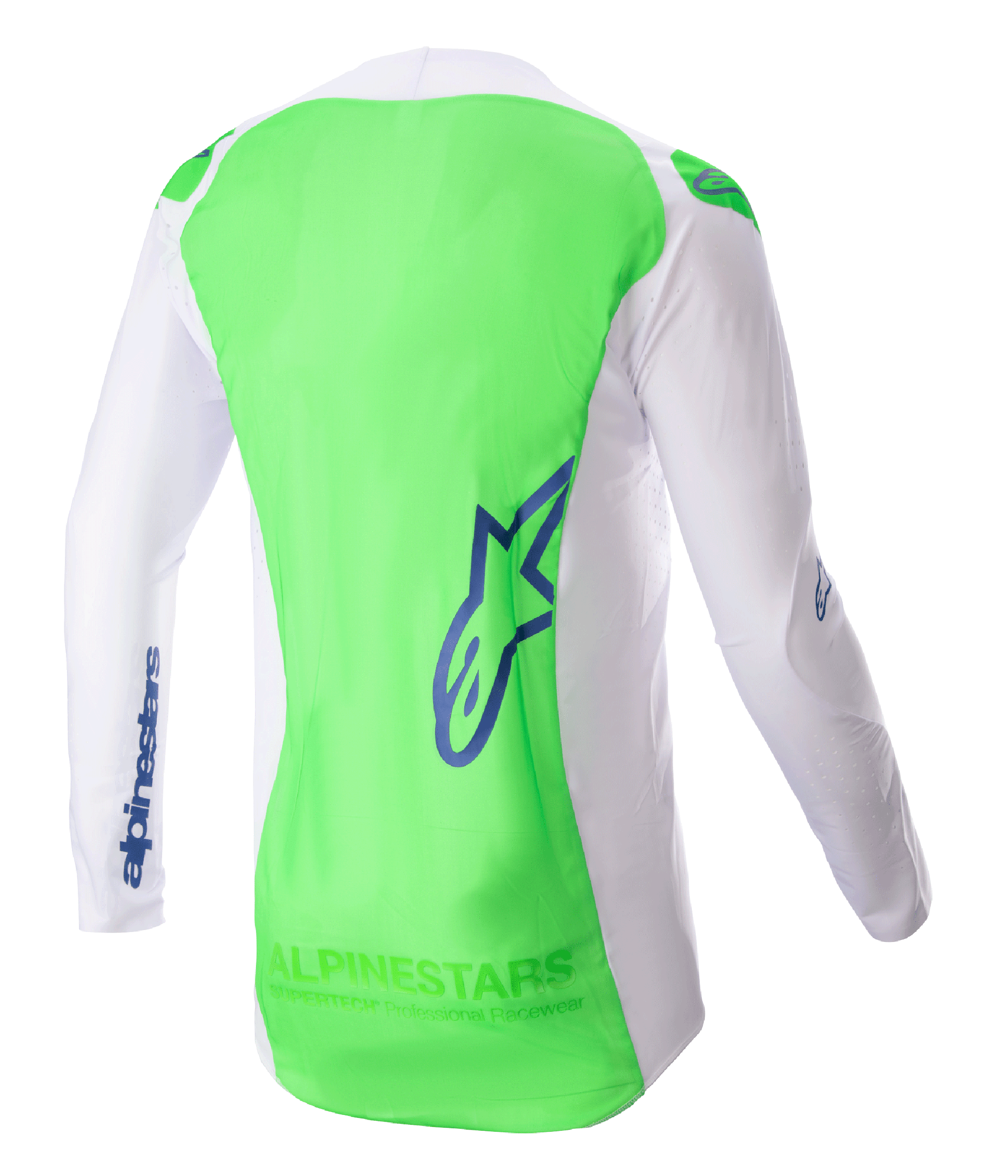 Alpinestars 2023 Supertech Risen Jersey, camisola de motocross, branca e verde fluorescente com detalhes em azul, vista traseira destacando a malha elástica respirável e o painel traseiro prolongado para cobertura, equipamento de performance leve para corridas de todo-o-terreno