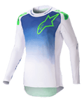 Alpinestars 2023 Supertech Risen Jersey, camisola de motocross, azul e branca com logótipo verde fluo, design em degradé no torso, mangas compridas perfuradas, corte atlético de corrida, equipamento de corrida para todo-o-terreno