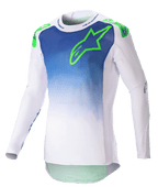 Alpinestars 2023 Supertech Risen Jersey, camisola de motocross, azul e branca com logótipo verde fluo, design em degradé no torso, mangas compridas perfuradas, corte atlético de corrida, equipamento de corrida para todo-o-terreno