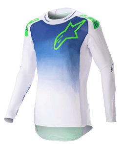 Alpinestars 2023 Supertech Risen Jersey, Motocross Jersey, Blue Ray and White with Green Fluo logo, gradient torso design, perforated long sleeves, athletic race fit, off-road racing gear