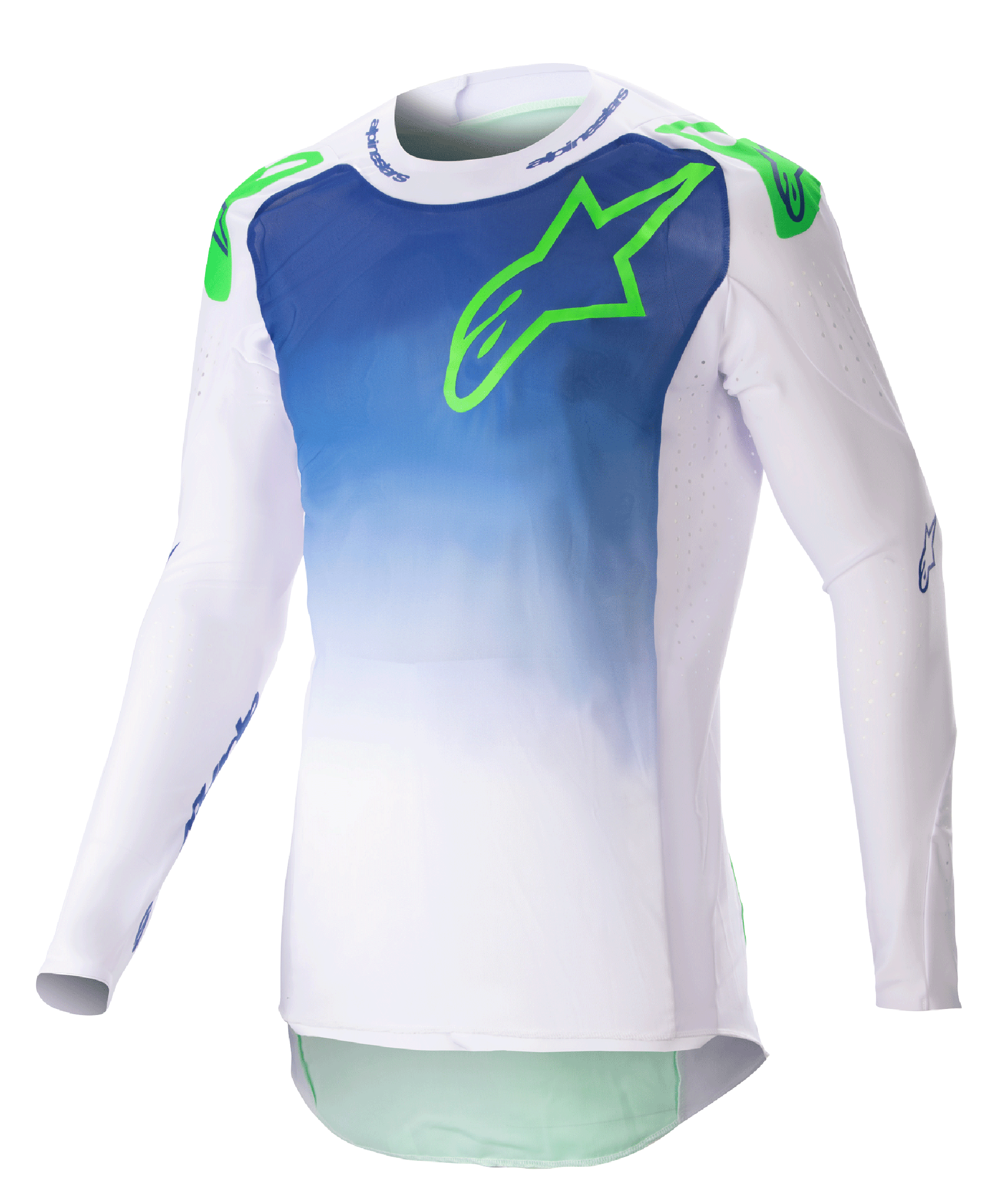 Alpinestars 2023 Supertech Risen Jersey, camisola de motocross, azul e branca com logótipo verde fluo, design em degradé no torso, mangas compridas perfuradas, corte atlético de corrida, equipamento de corrida para todo-o-terreno