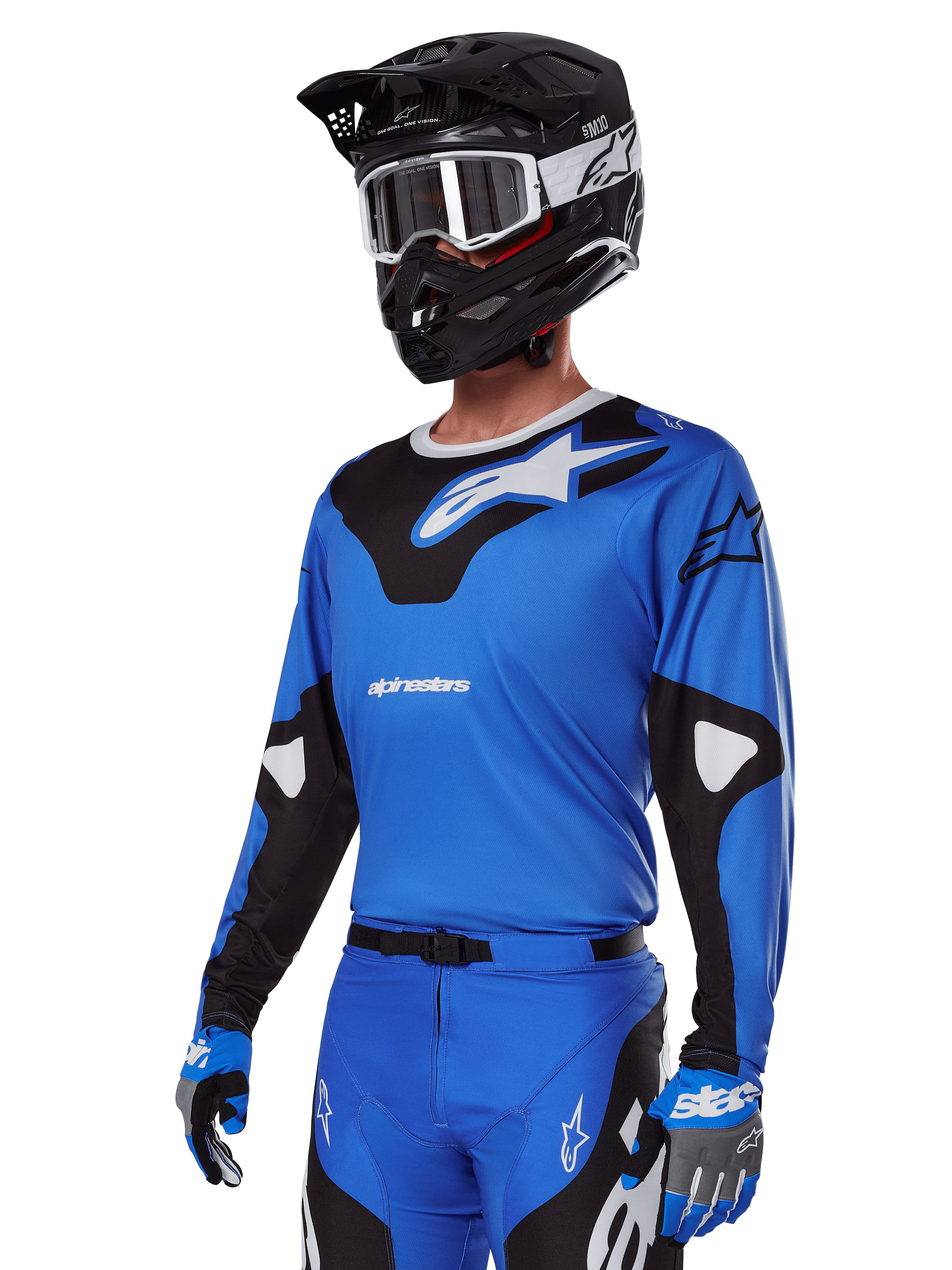 Alpinestars 2025 Racer Veil Gear Set, Blue Motocross Jersey with black and white graphics, worn with matching pants, black helmet, white goggles, and blue gloves, technical apparel for off-road racing