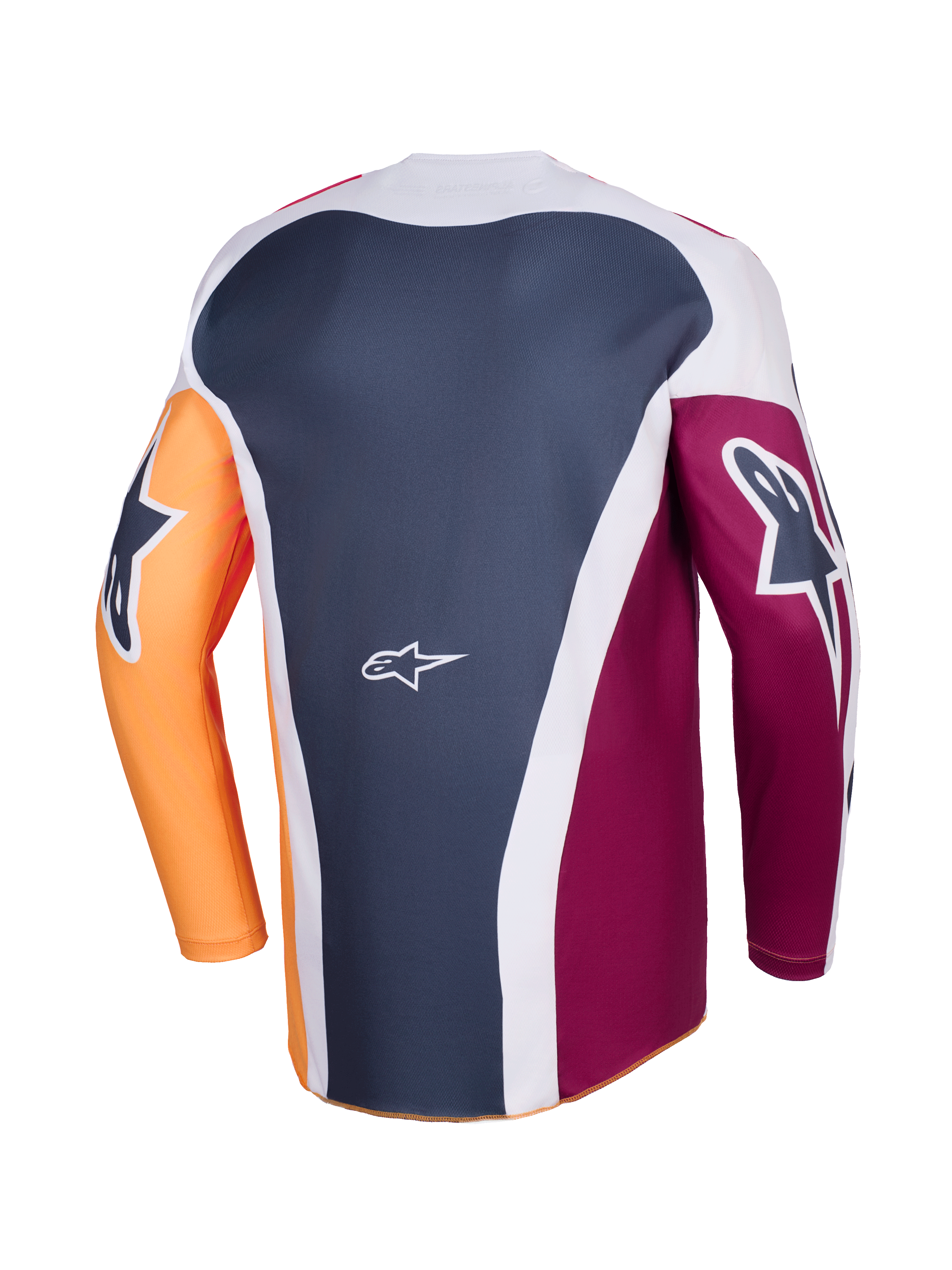Camisola Alpinestars Racer Portl 2026, camisola de motocross, vermelho alaranjado e cinzento escuro, vista traseira que mostra a construção de múltiplos painéis, logótipo Alpinestars branco na zona lombar, logótipos gráficos arrojados nas mangas compridas, equipamento de performance para corridas todo-o-terreno