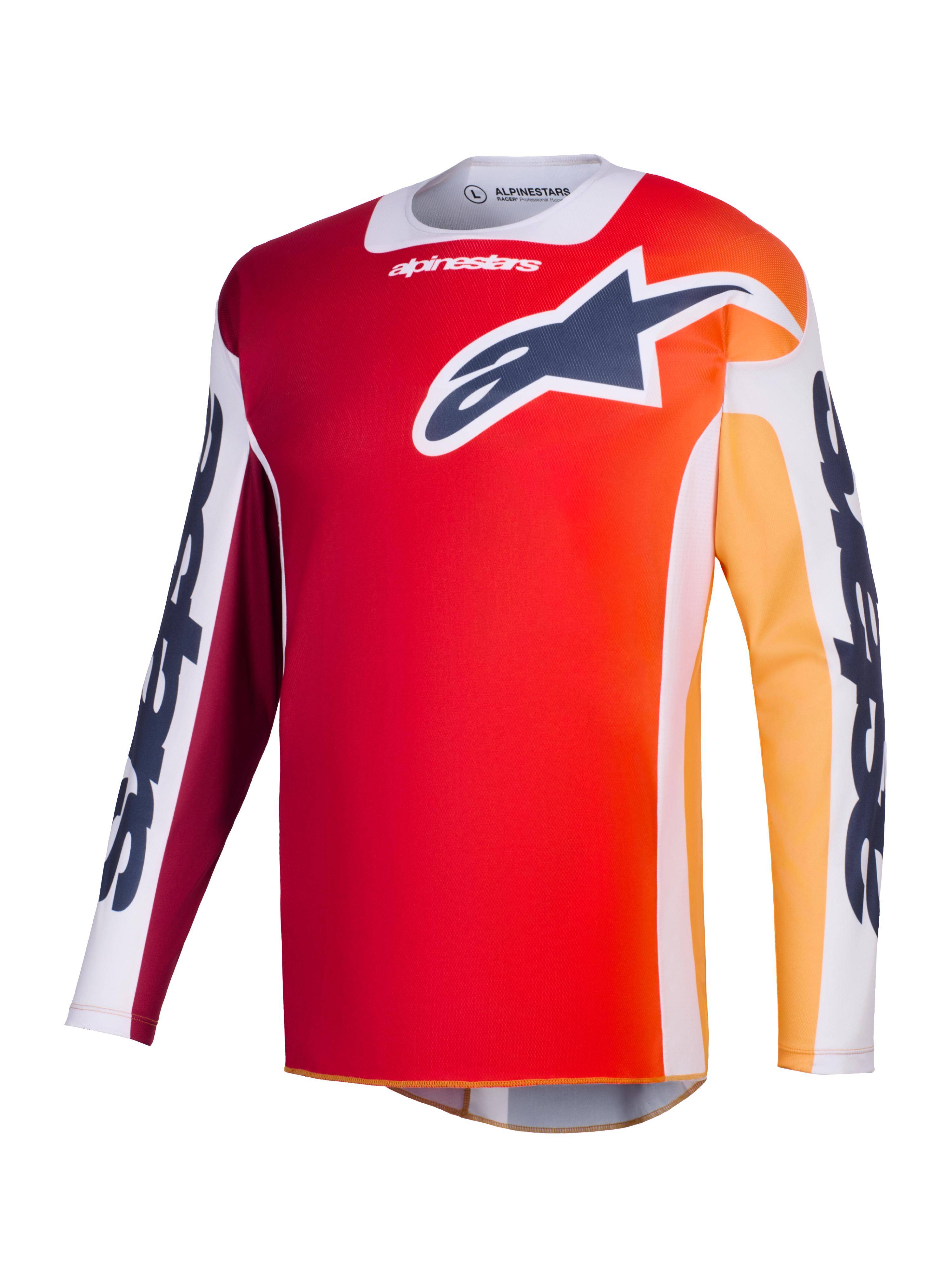 Alpinestars 2026 Racer Portl Jersey, camisola de motocross, vermelha com gradiente em laranja e amarelo, logótipo Astar azul marinho no peito, painéis brancos nas mangas com marca Alpinestars em destaque, equipamento técnico de performance para todo-o-terreno