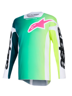 Alpinestars 2026 Racer Portl Jersey, camisola de motocross, gradiente de verde e amarelo, logótipo cor-de-rosa vibrante no peito, mangas brancas com texto Alpinestars em preto, tecido de performance leve para condução off-road