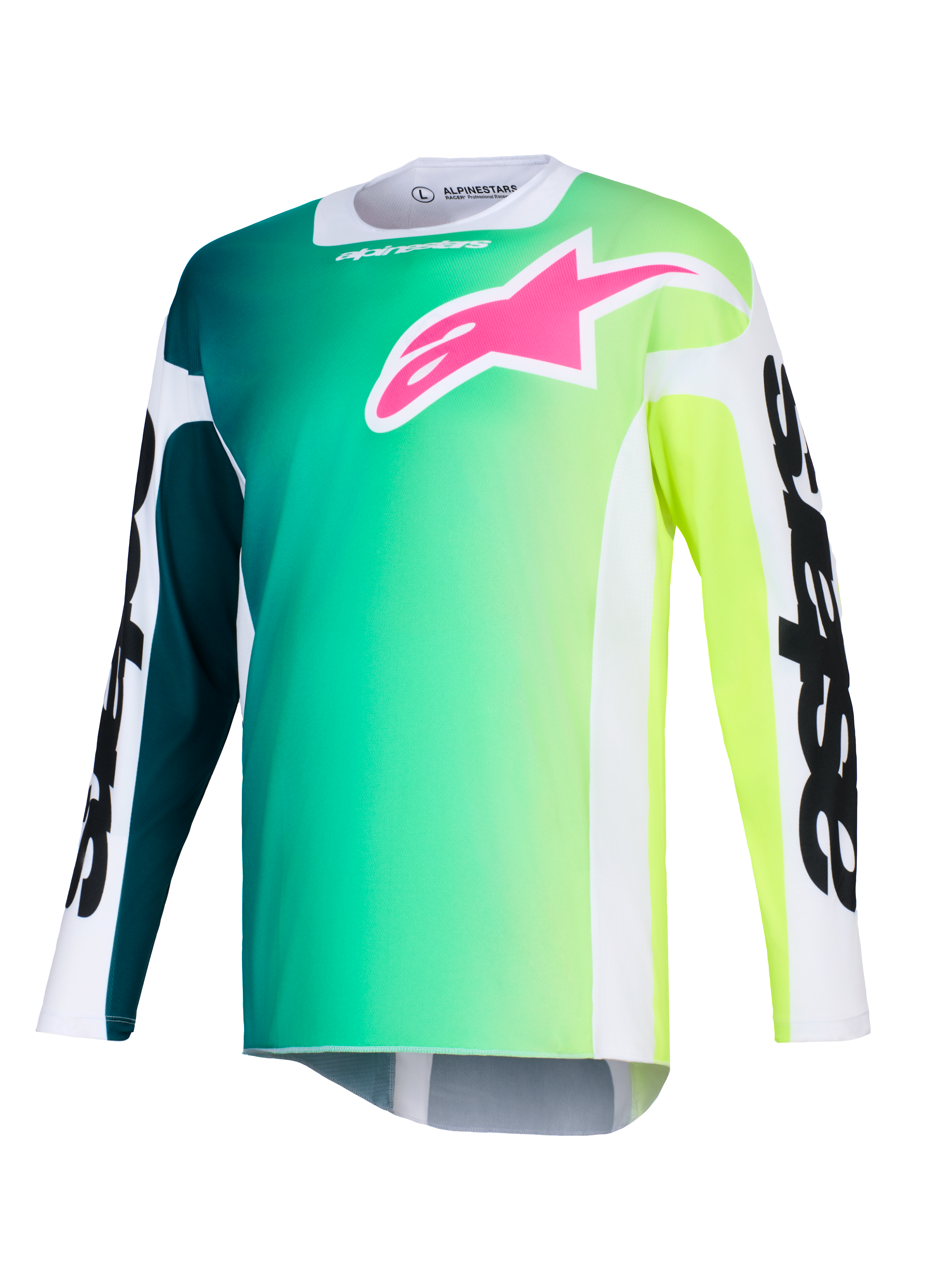 Alpinestars 2026 Racer Portl Jersey, camisola de motocross, gradiente de verde e amarelo, logótipo cor-de-rosa vibrante no peito, mangas brancas com texto Alpinestars em preto, tecido de performance leve para condução off-road