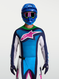Alpinestars Techstar Maven Jersey, blue and green motocross jersey with pink star logo and athletic race fit.