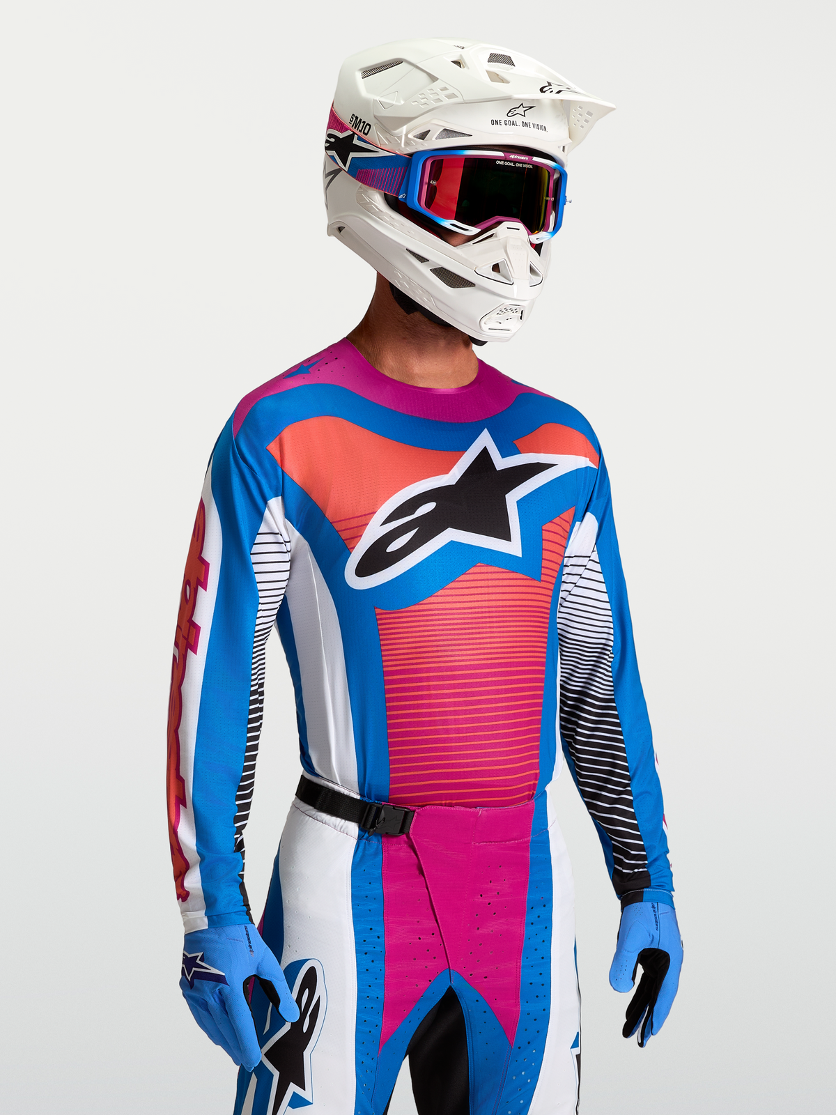 Alpinestars Techstar Maven Jersey, Men's Motocross Jersey in Blithe Blue and Hot Coral, featuring a lightweight athletic fit.