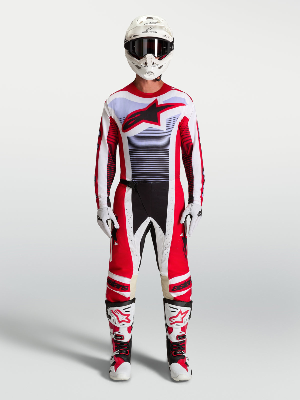 Alpinestars Techstar Maven, conjunto de motocross para homem, vermelho e branco, ajuste atlético de corrida.