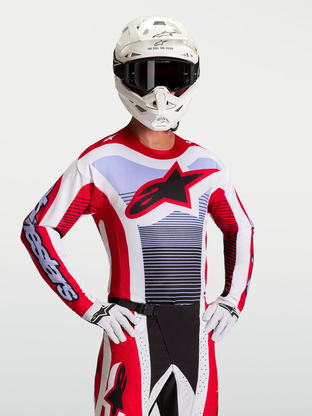 Camisola Alpinestars Techstar Maven, equipamento de motocross para homem, vermelha e branca, com ajuste atlético de corrida e logótipo de estrela.