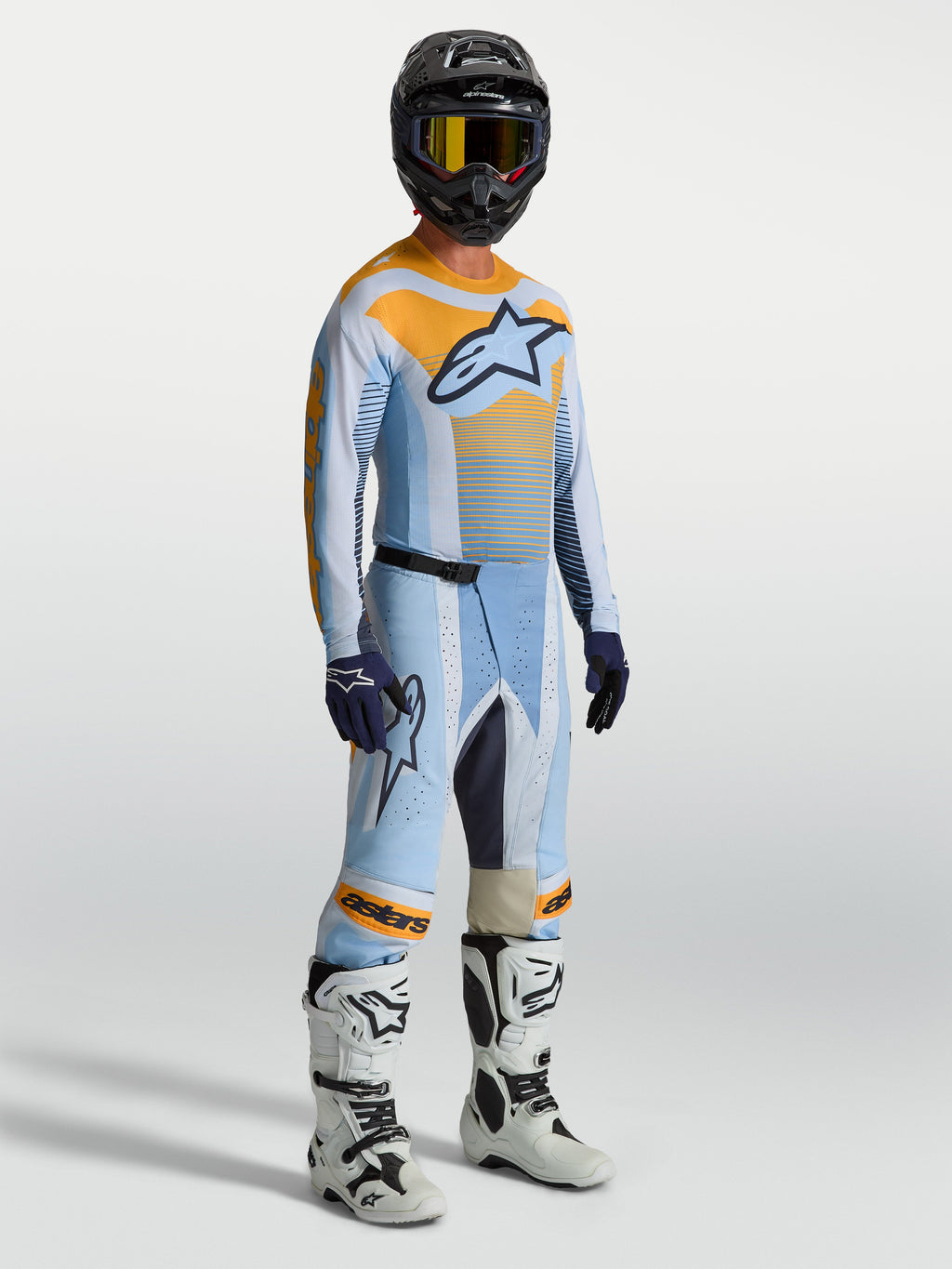 Alpinestars Techstar Maven Gear Set, fato de motocross para homem, azul poeira e laranja, ajuste atlético de corrida.