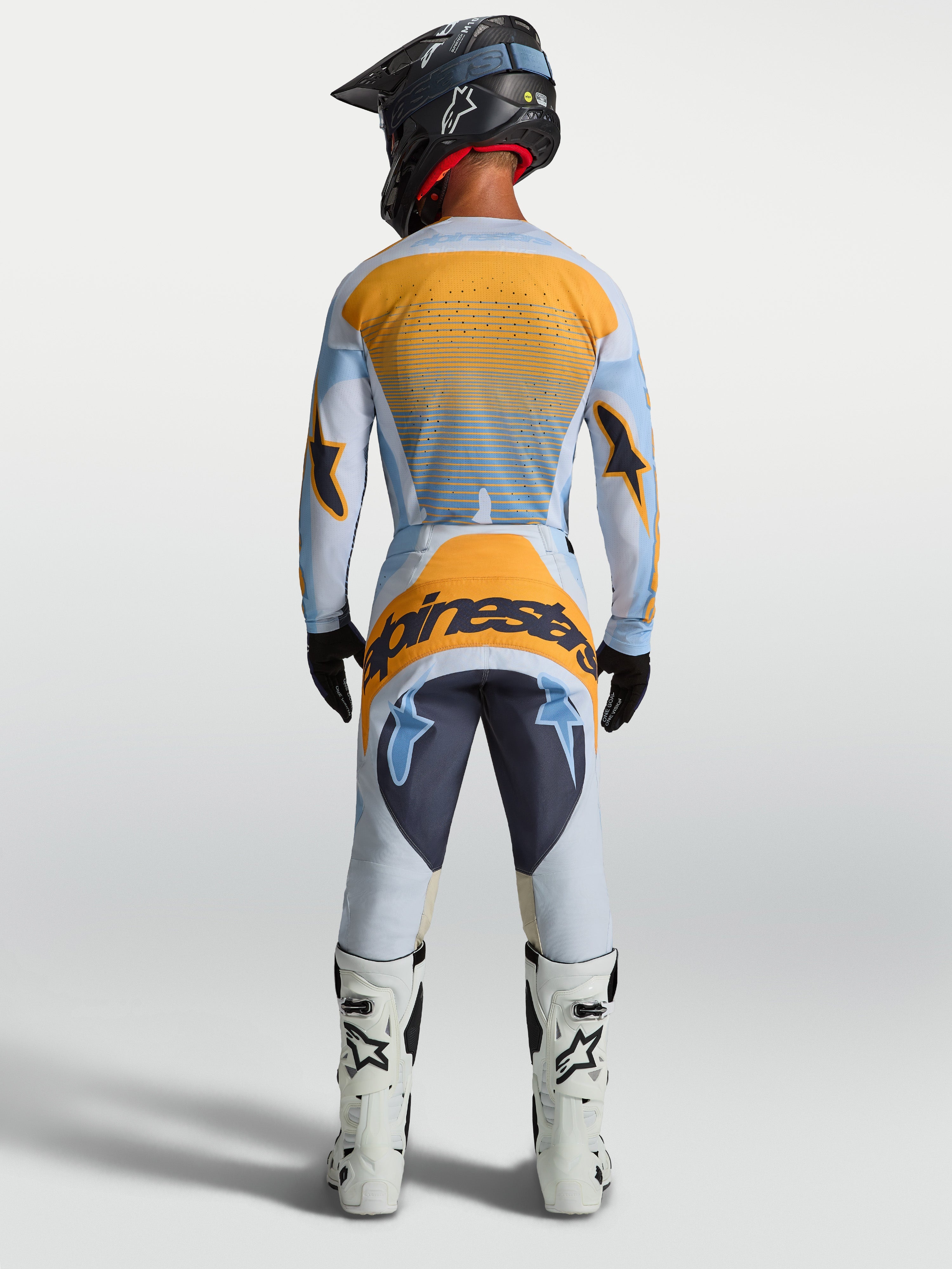 Alpinestars camisola Techstar Maven AND Techstar Maven Gear Set, motocross para homem, azul poeira e laranja, vista traseira.