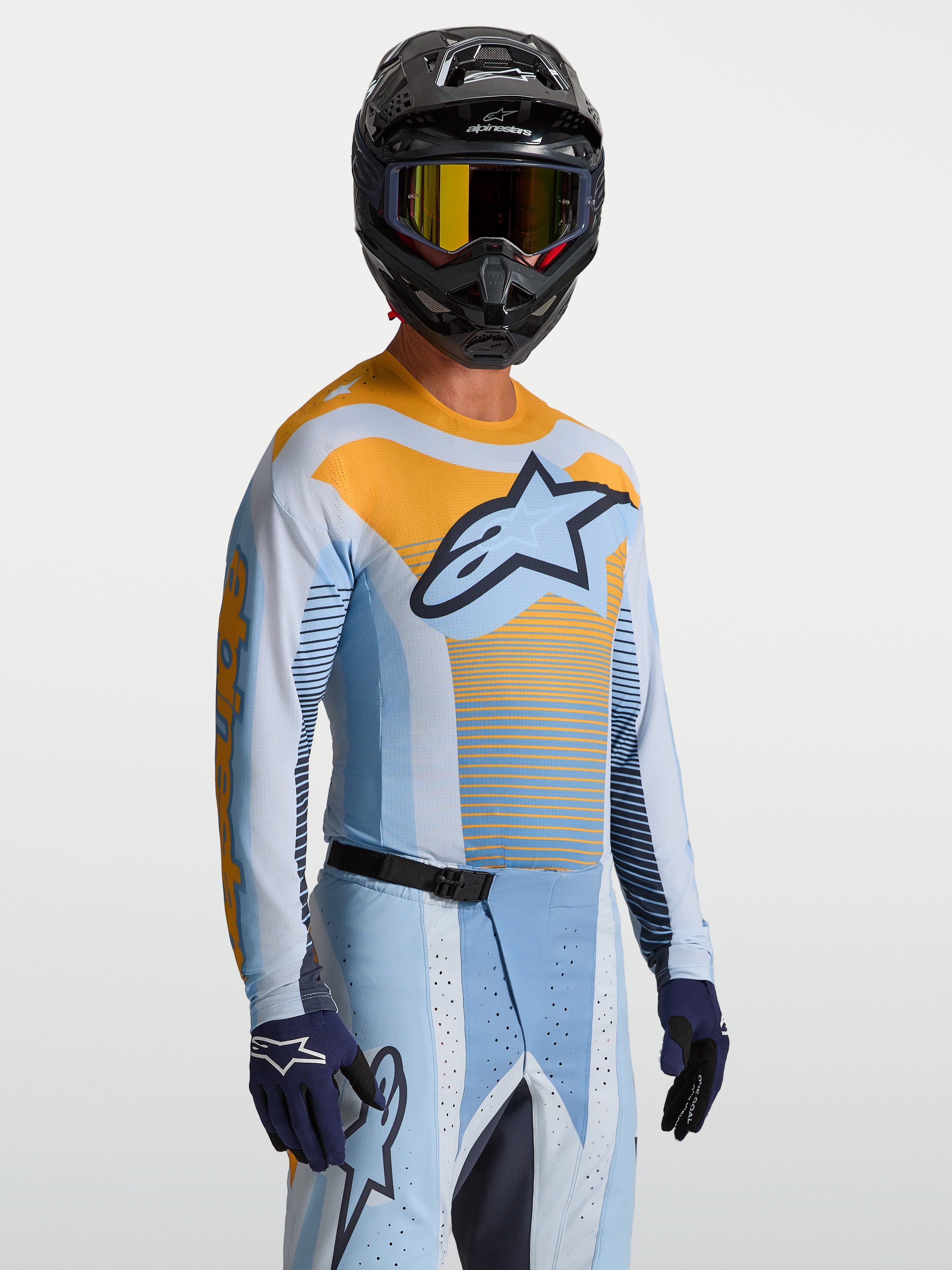 Alpinestars Camisola Techstar Maven, camisola de motocross para homem, azul e laranja, ajuste atlético para performance off-road.