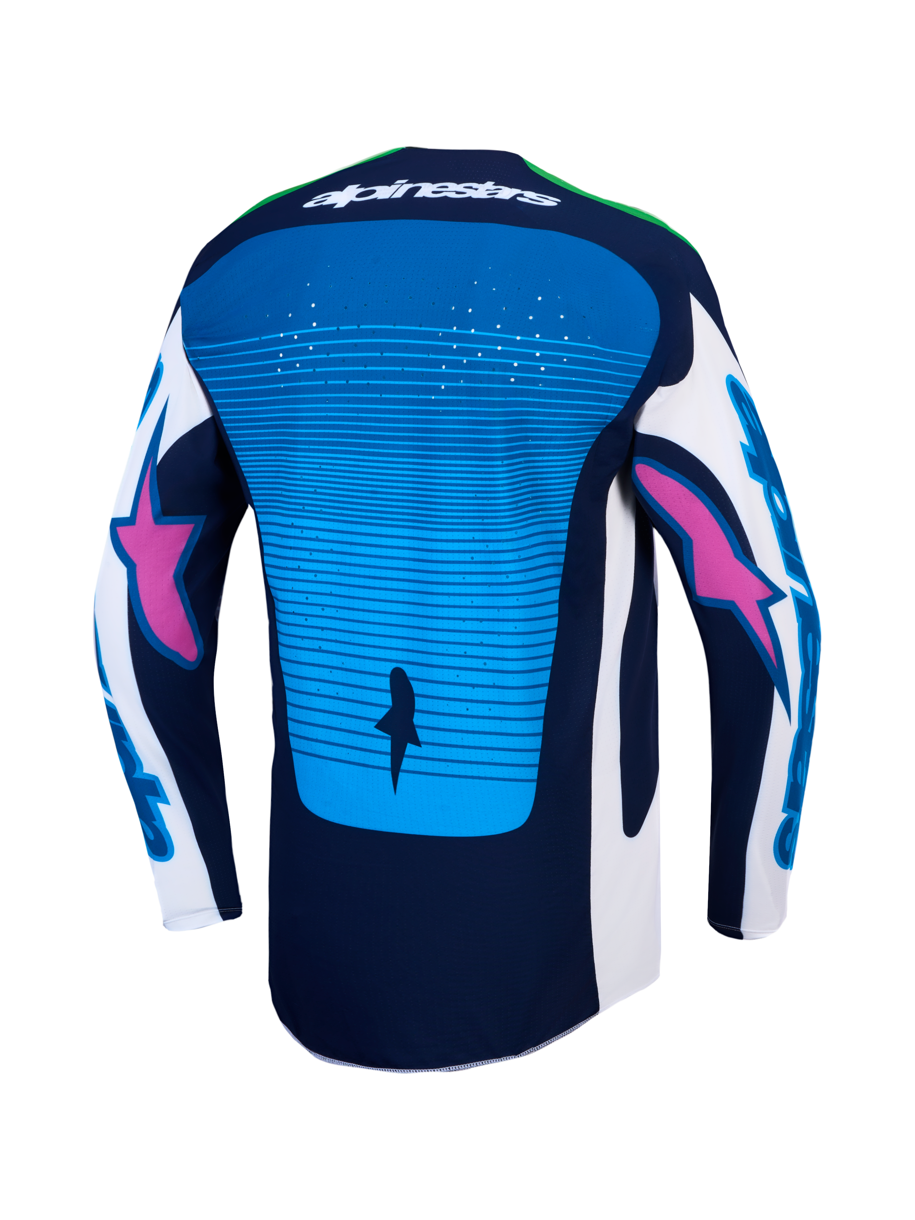 Alpinestars Techstar Maven, camisola de motocross em azul e azul-marinho, vista traseira com perfurações a laser e parte traseira alongada.
