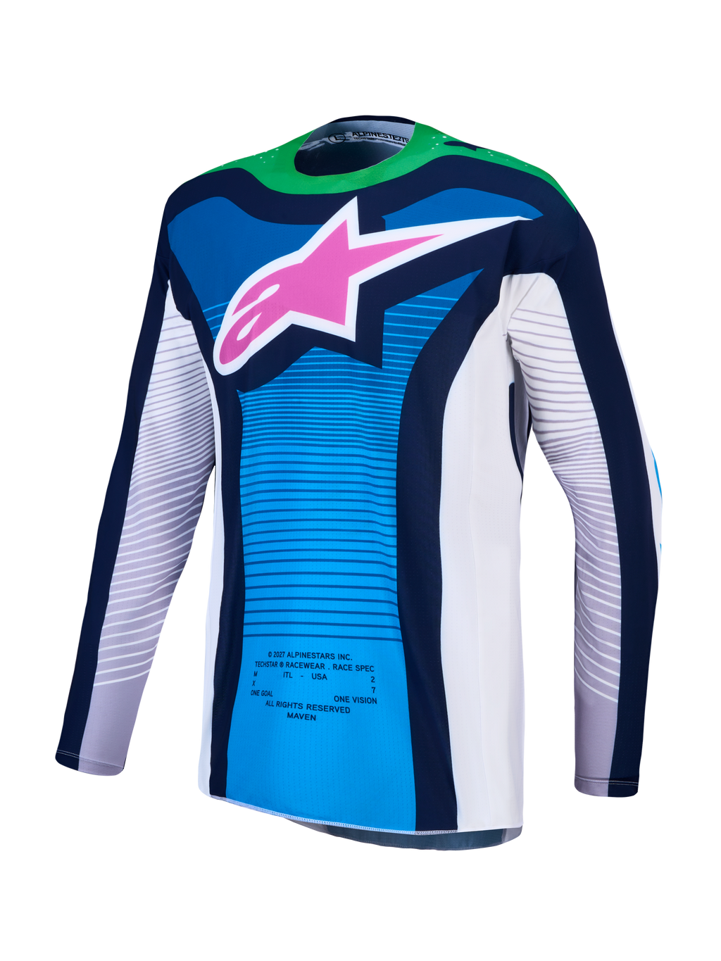 Alpinestars Techstar Maven e Techstar Maven Gear Set 2027, camisola de motocross azul e verde fluo com logótipo rosa.