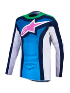 Alpinestars Techstar Maven e Techstar Maven Gear Set 2027, camisola de motocross azul e verde fluo com logótipo rosa.