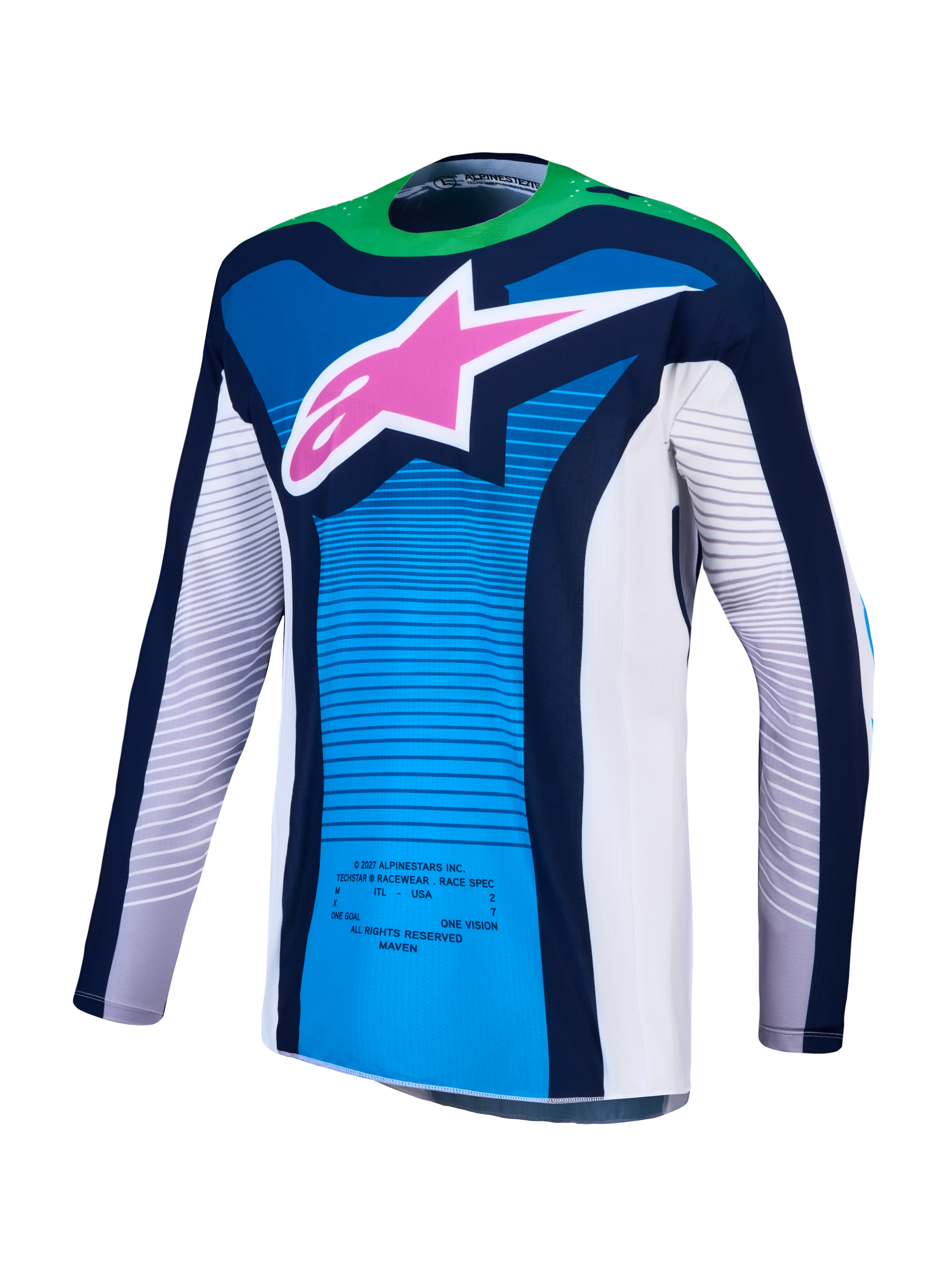 Alpinestars Techstar Maven e Techstar Maven Gear Set 2027, camisola de motocross azul e verde fluo com logótipo rosa.