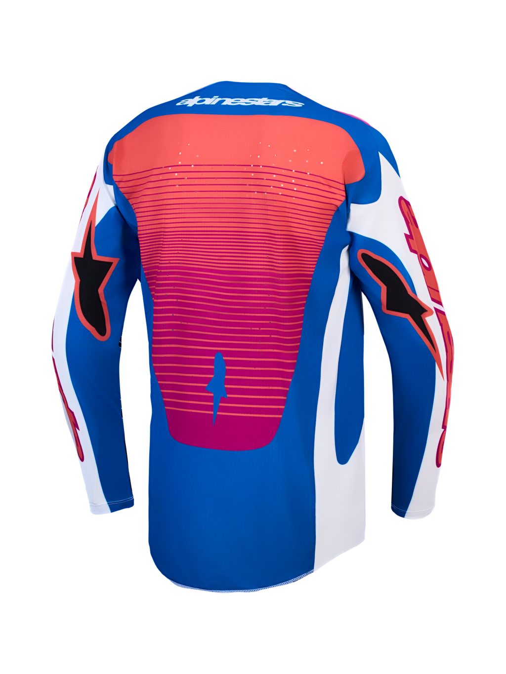 Alpinestars Camisola Techstar Maven, camisola de motocross para homem, azul e branca com detalhes coral, vista traseira com bainha alongada.
