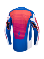 Alpinestars Camisola Techstar Maven, camisola de motocross para homem, azul e branca com detalhes coral, vista traseira com bainha alongada.