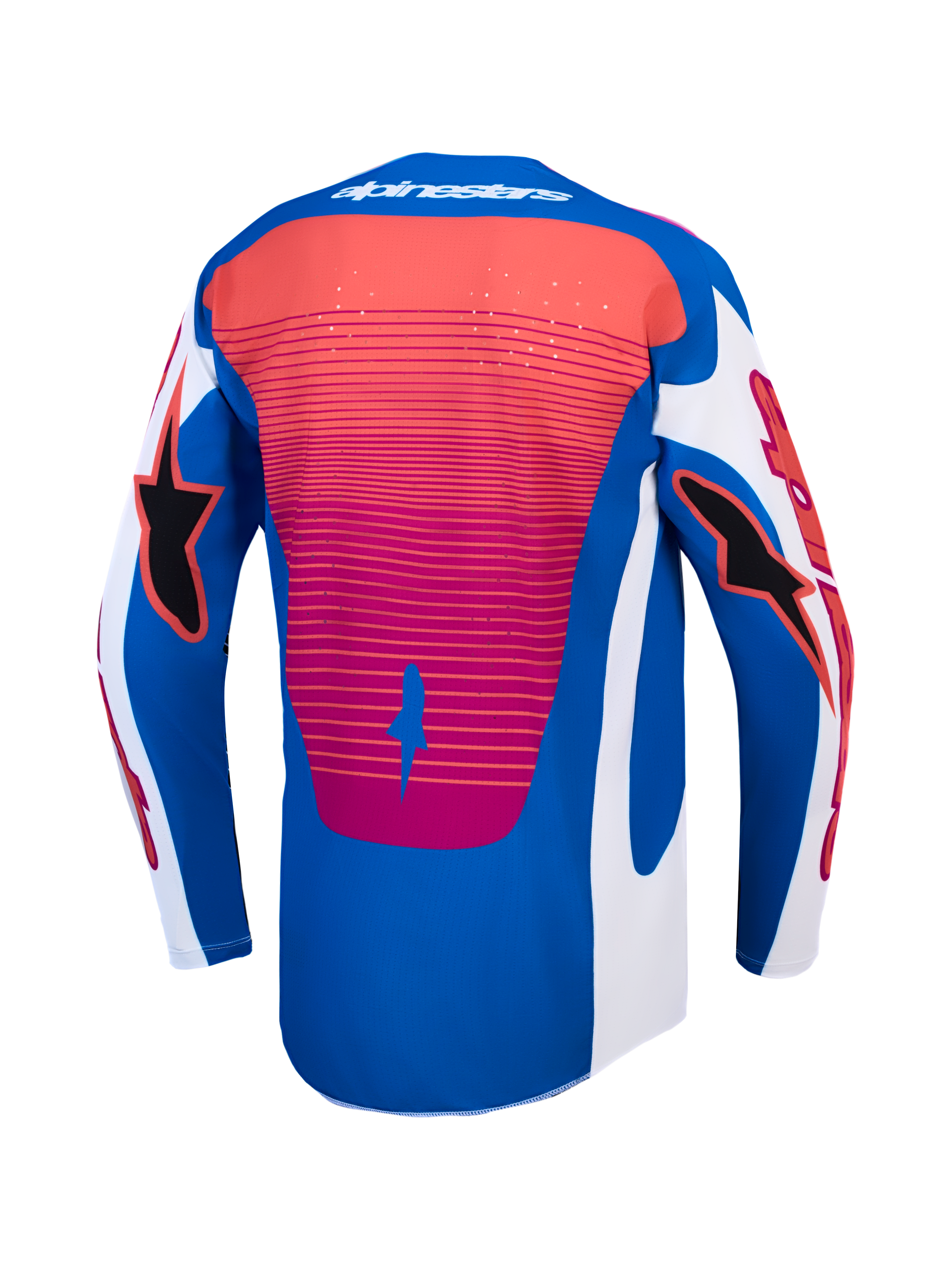 Alpinestars Camisola Techstar Maven, camisola de motocross para homem, azul e branca com detalhes coral, vista traseira com bainha alongada.