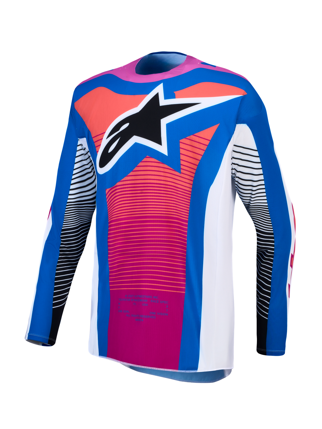 Alpinestars Techstar Maven, camisola de motocross para homem, azul, coral e branca, logótipo e ajuste atlético de corrida.