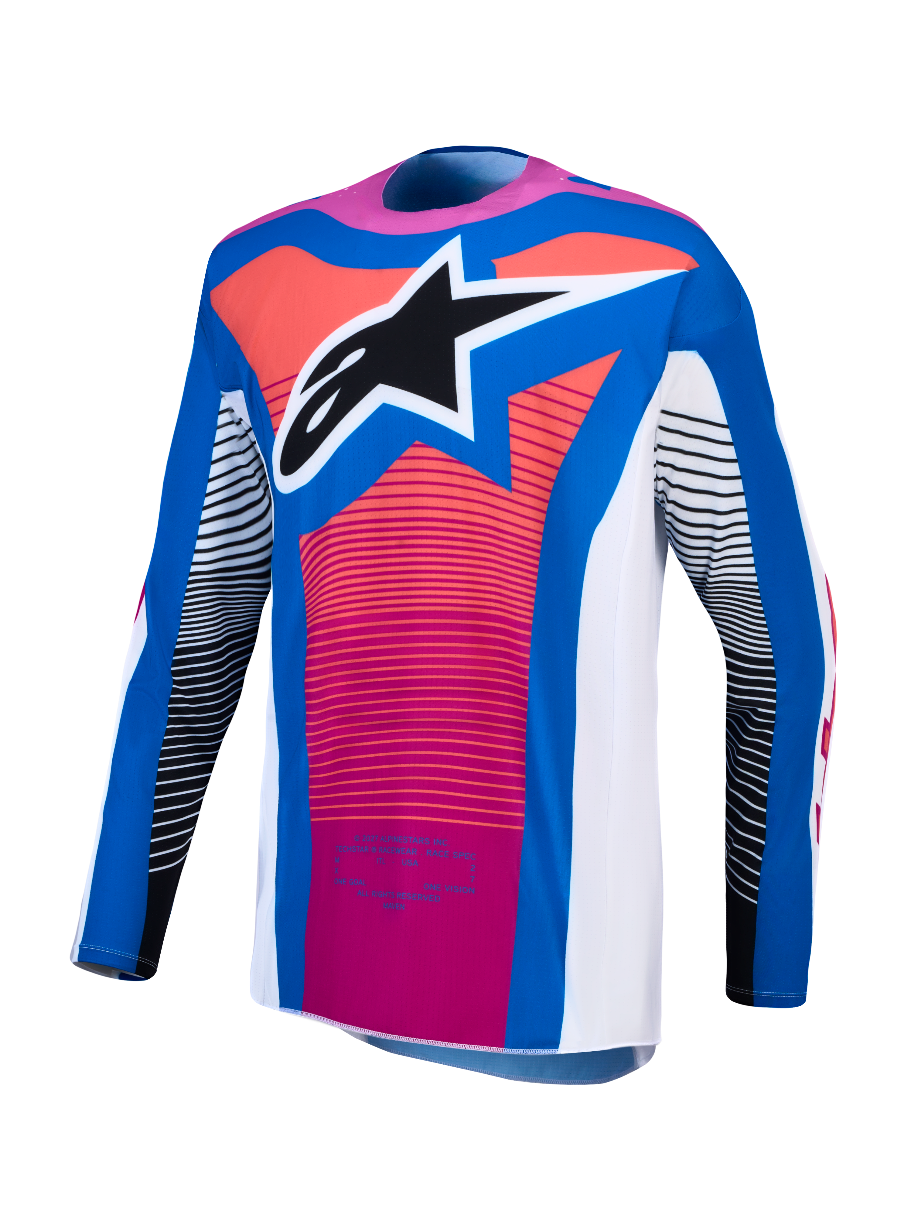 Alpinestars Techstar Maven, camisola de motocross para homem, azul, coral e branca, logótipo e ajuste atlético de corrida.