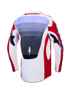 Alpinestars Techstar Maven e conjunto 2027, camisola de motocross vermelha e branca com painel traseiro ventilado.