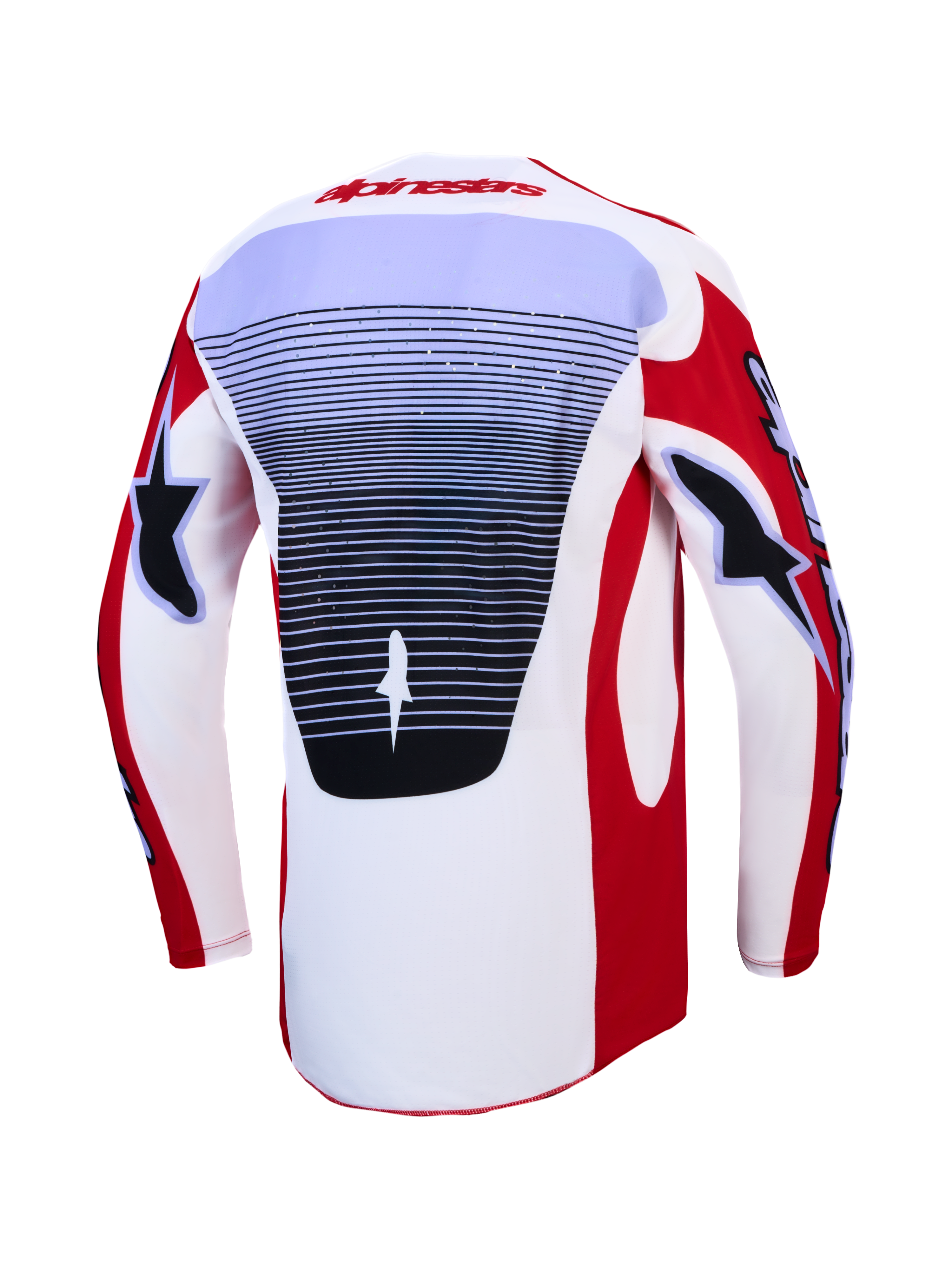 Alpinestars Techstar Maven e conjunto 2027, camisola de motocross vermelha e branca com painel traseiro ventilado.
