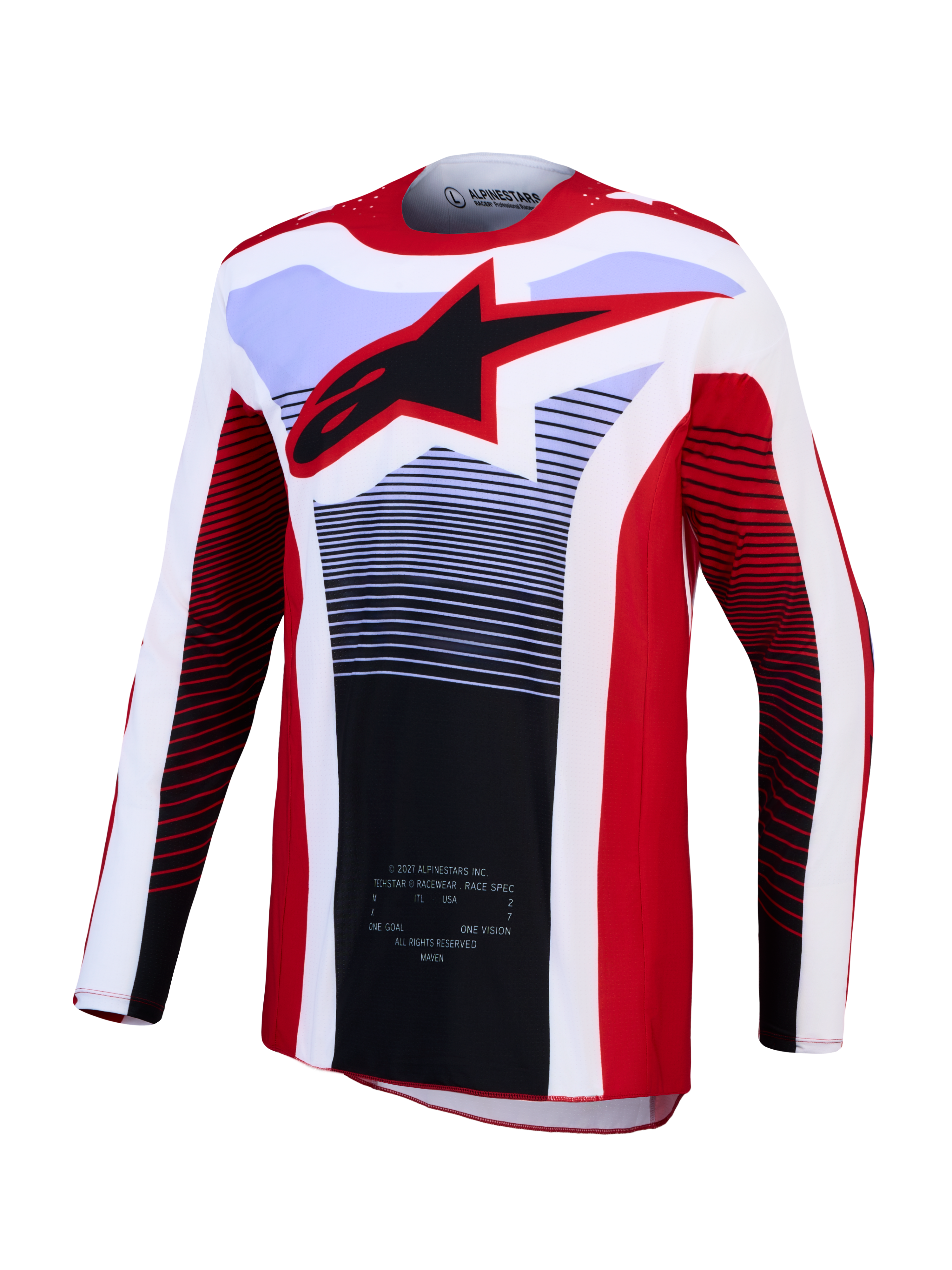 Alpinestars Techstar Maven, camisola de motocross, vermelha e branca, com logótipo de estrela preto e tecido respirável.