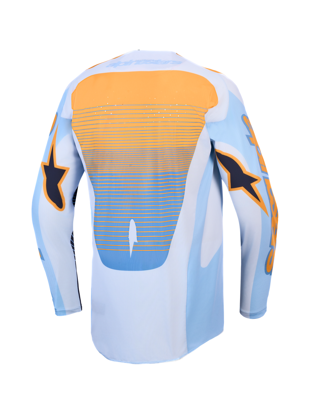 Alpinestars Camisola Techstar Maven, camisola de motocross para homem, azul e laranja, vista traseira com ventilação a laser e parte traseira alongada.