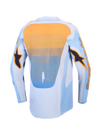 Alpinestars Camisola Techstar Maven, camisola de motocross para homem, azul e laranja, vista traseira com ventilação a laser e parte traseira alongada.
