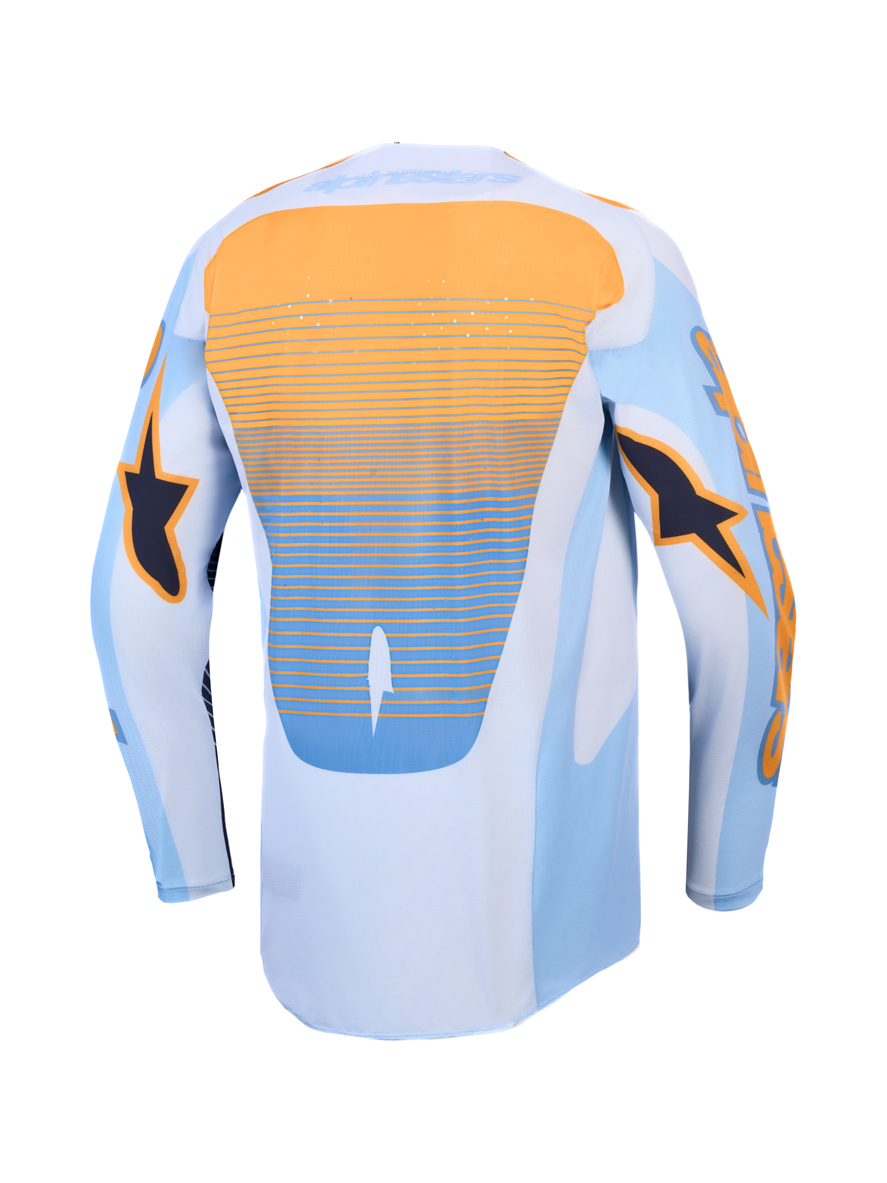 Alpinestars Camisola Techstar Maven, camisola de motocross para homem, azul e laranja, vista traseira com ventilação a laser e parte traseira alongada.