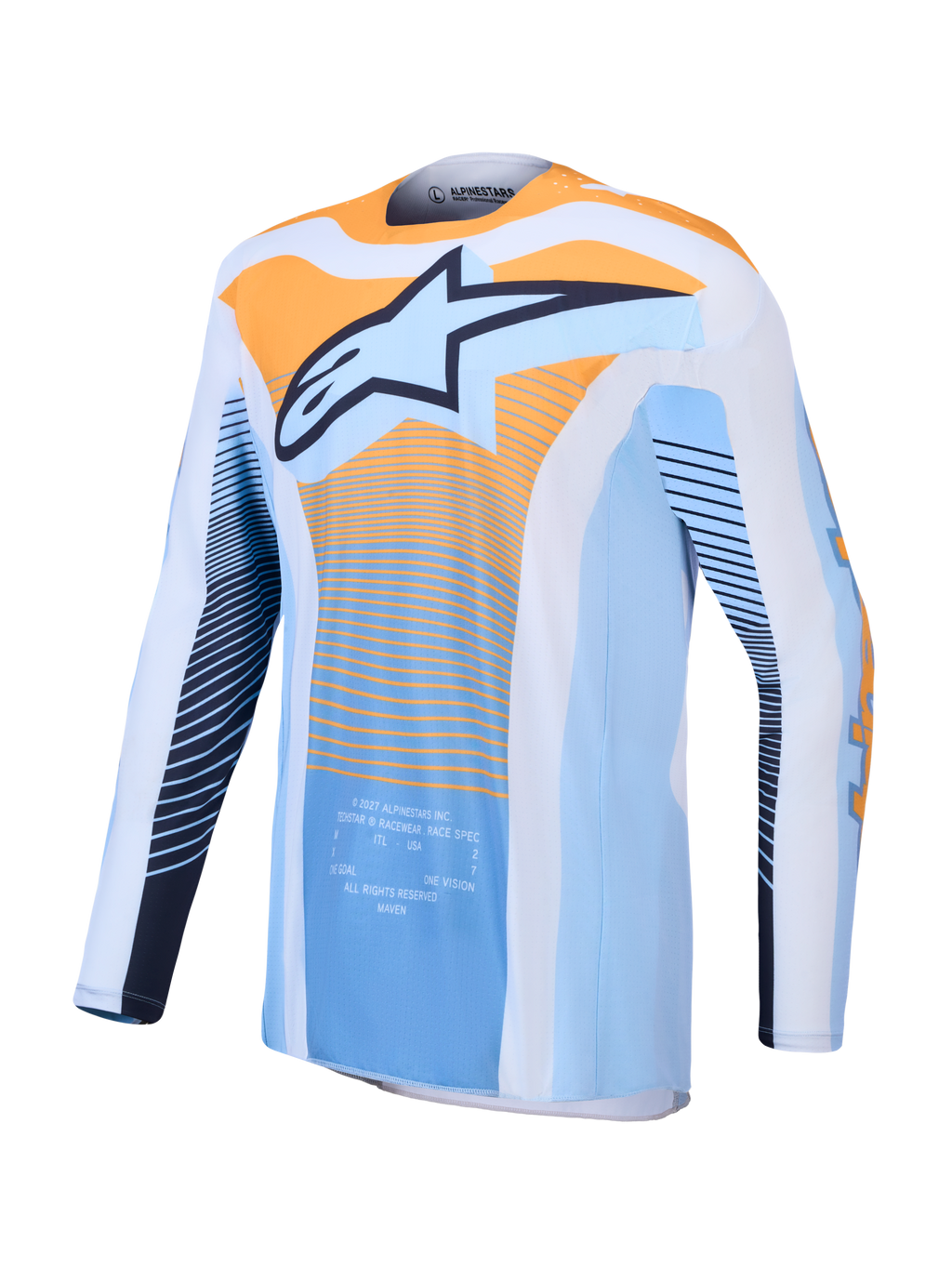 Alpinestars Camisola Techstar Maven, camisola de motocross azul e laranja para homem, ajuste atlético e respirável.