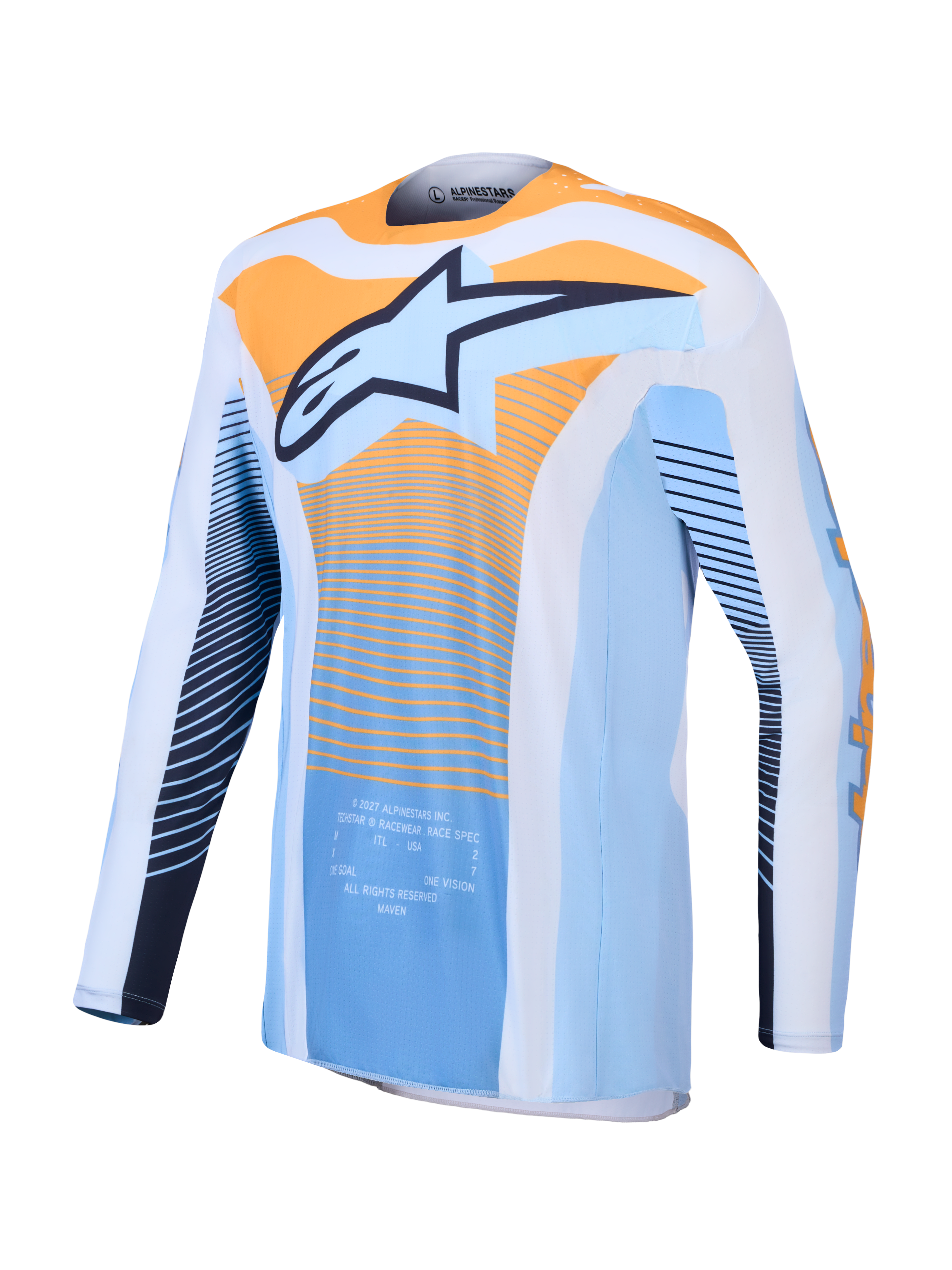 Alpinestars Camisola Techstar Maven, camisola de motocross azul e laranja para homem, ajuste atlético e respirável.