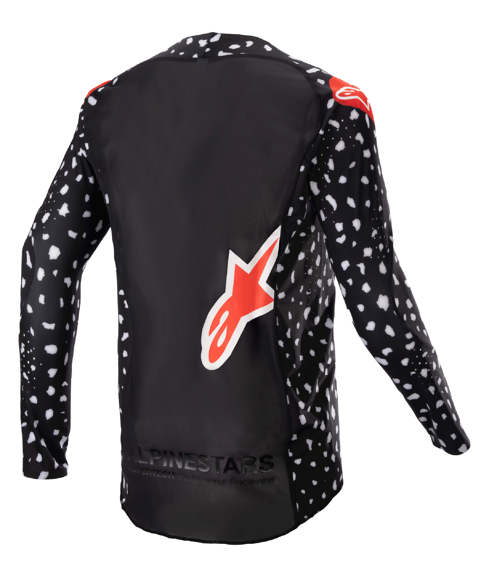 Alpinestars 2023 Supertech North Jersey, camisola de motocross, preta com padrão salpicado branco e detalhes em vermelho néon, vista traseira com grande logótipo Alpinestars vermelho e marca na parte inferior, equipamento de corrida todo-o-terreno de nível profissional