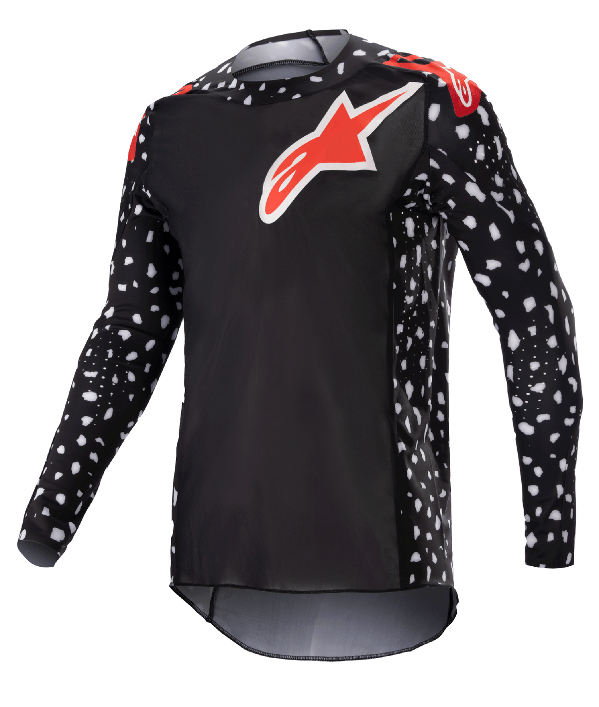 Alpinestars 2023 Supertech North Jersey, camisola de motocross, preta e vermelho néon, mangas compridas com padrão de salpicos brancos, logótipos de estrela vermelhos e brancos no peito e ombros, malha de performance leve com ajuste atlético race