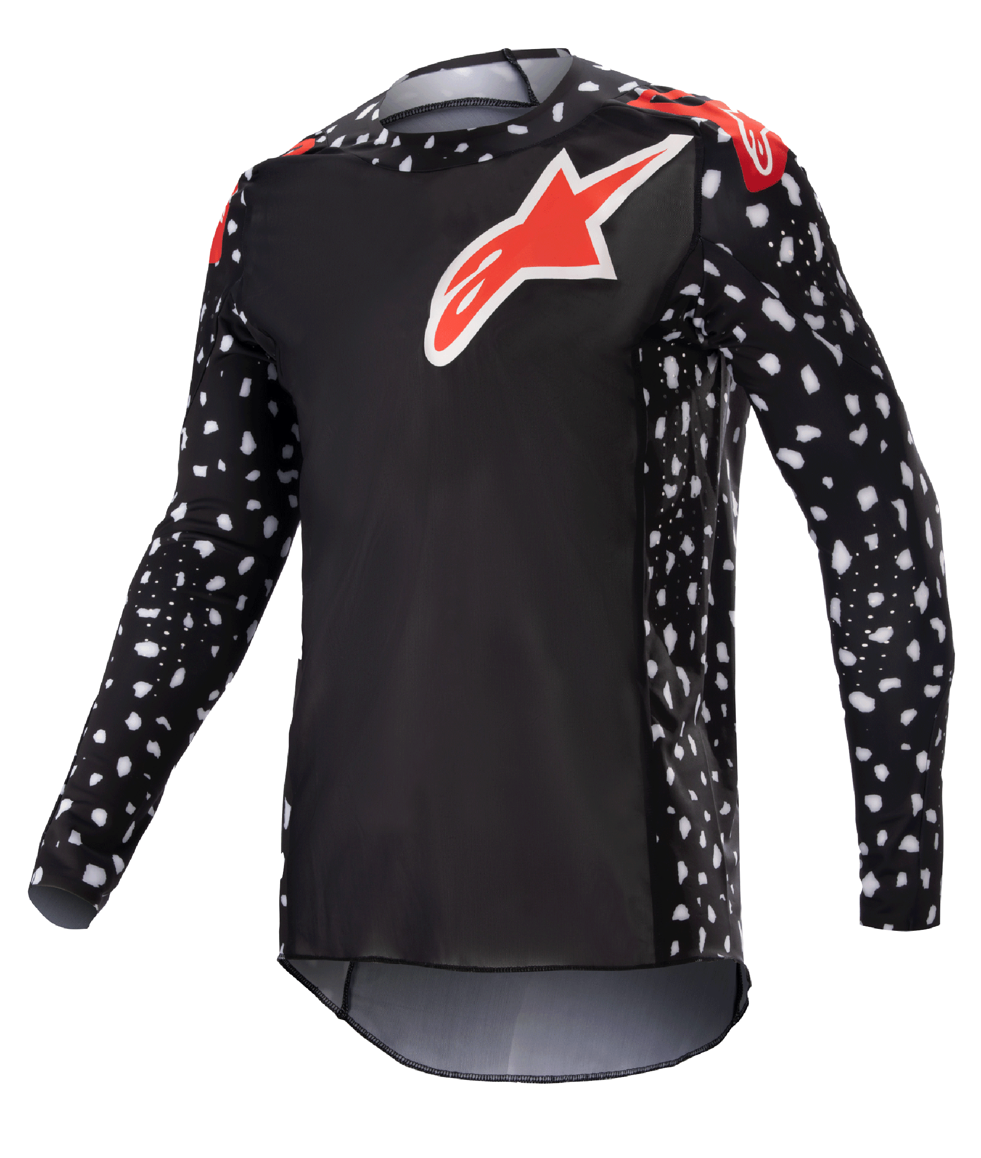 Alpinestars 2023 Supertech North Jersey, camisola de motocross, preta e vermelho néon, mangas compridas com padrão de salpicos brancos, logótipos de estrela vermelhos e brancos no peito e ombros, malha de performance leve com ajuste atlético race