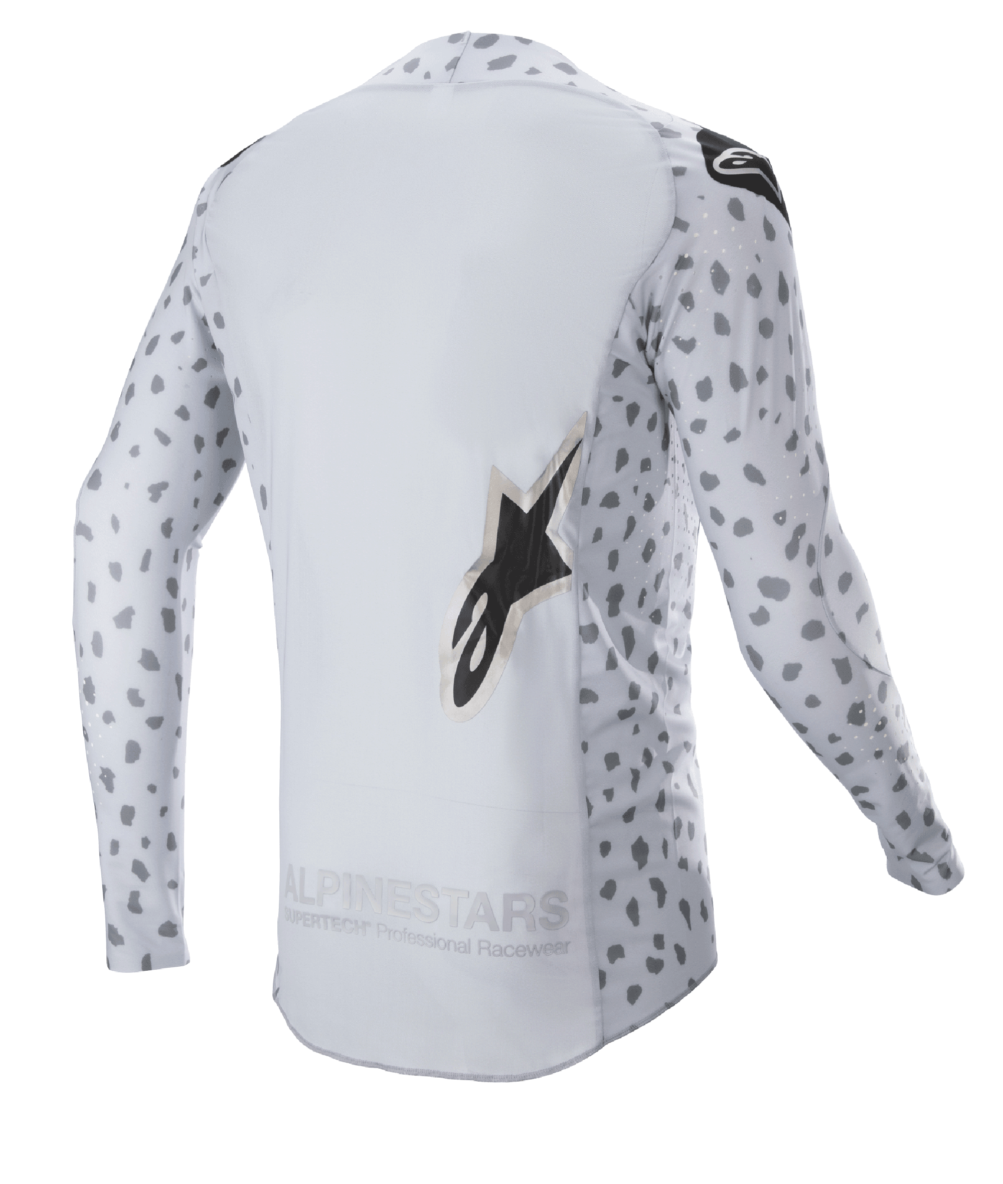 Alpinestars 2023 Supertech North Jersey, camisola de motocross, cinzento haze e preto, vista traseira com padrão abstrato de manchas nas mangas e laterais, logótipo de estrela grande, painel traseiro estendido e construção de performance respirável