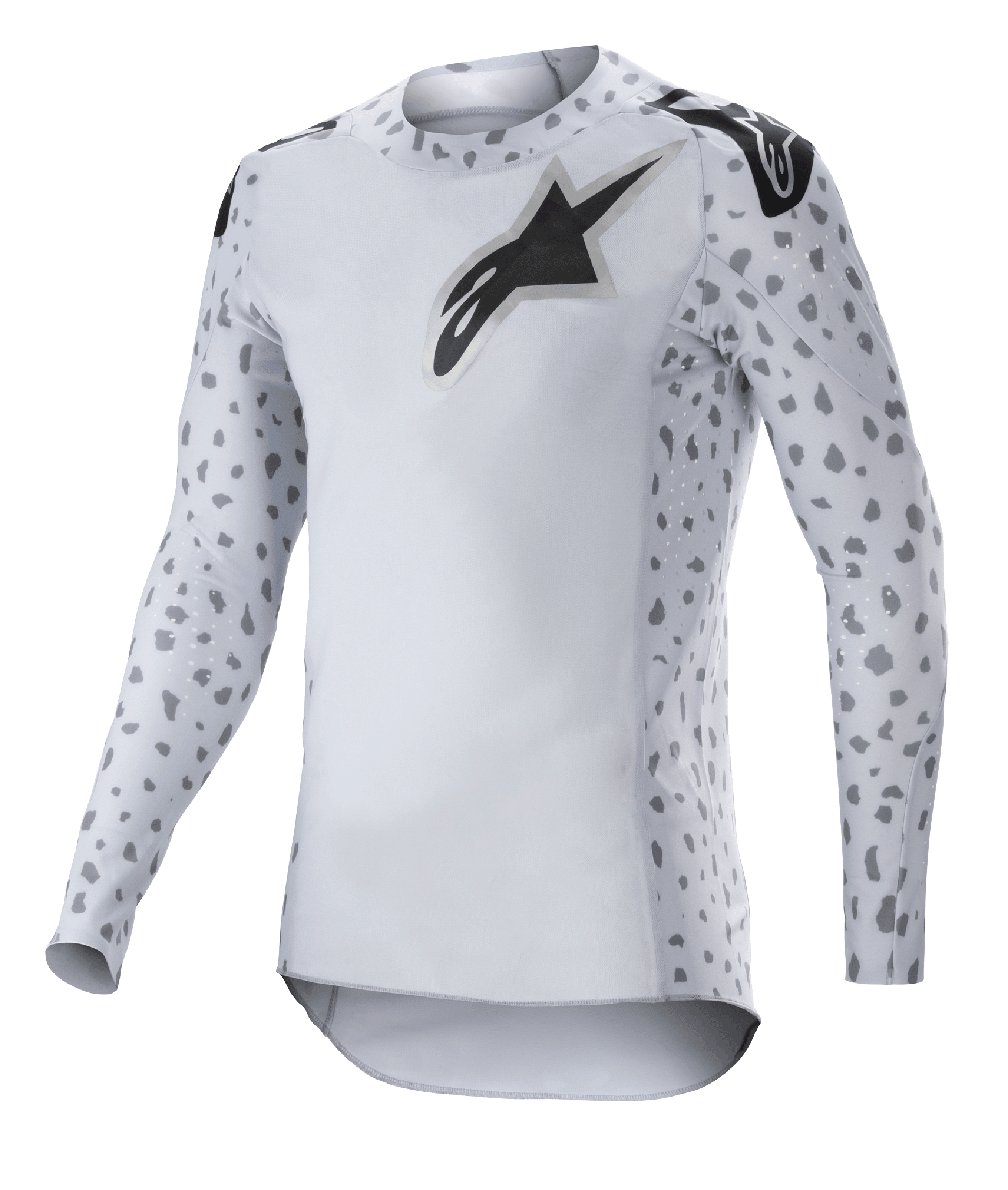 Alpinestars 2023 Supertech North Jersey, camisola de motocross, Haze Gray e preto, camisola branca de manga comprida com padrão de manchas cinzentas nas mangas e laterais, logótipo de estrela preto no peito e ombros, malha elástica de performance com bainha curva