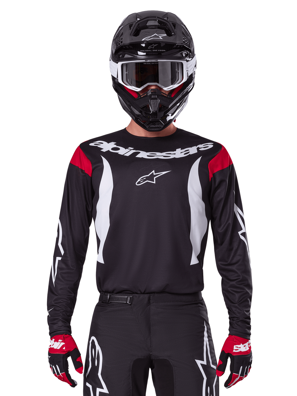 Alpinestars 2025 Fluid Haul Jersey and Gear Set for men, black and white motocross outfit with red accents.