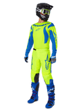 Alpinestars 2025 Fluid Haul Gear Set, full motocross racing gear with Yellow Fluo and Blue jersey and pants, black helmet, blue gloves, and blue off-road boots, high-visibility coordinated outfit for motocross and enduro.
