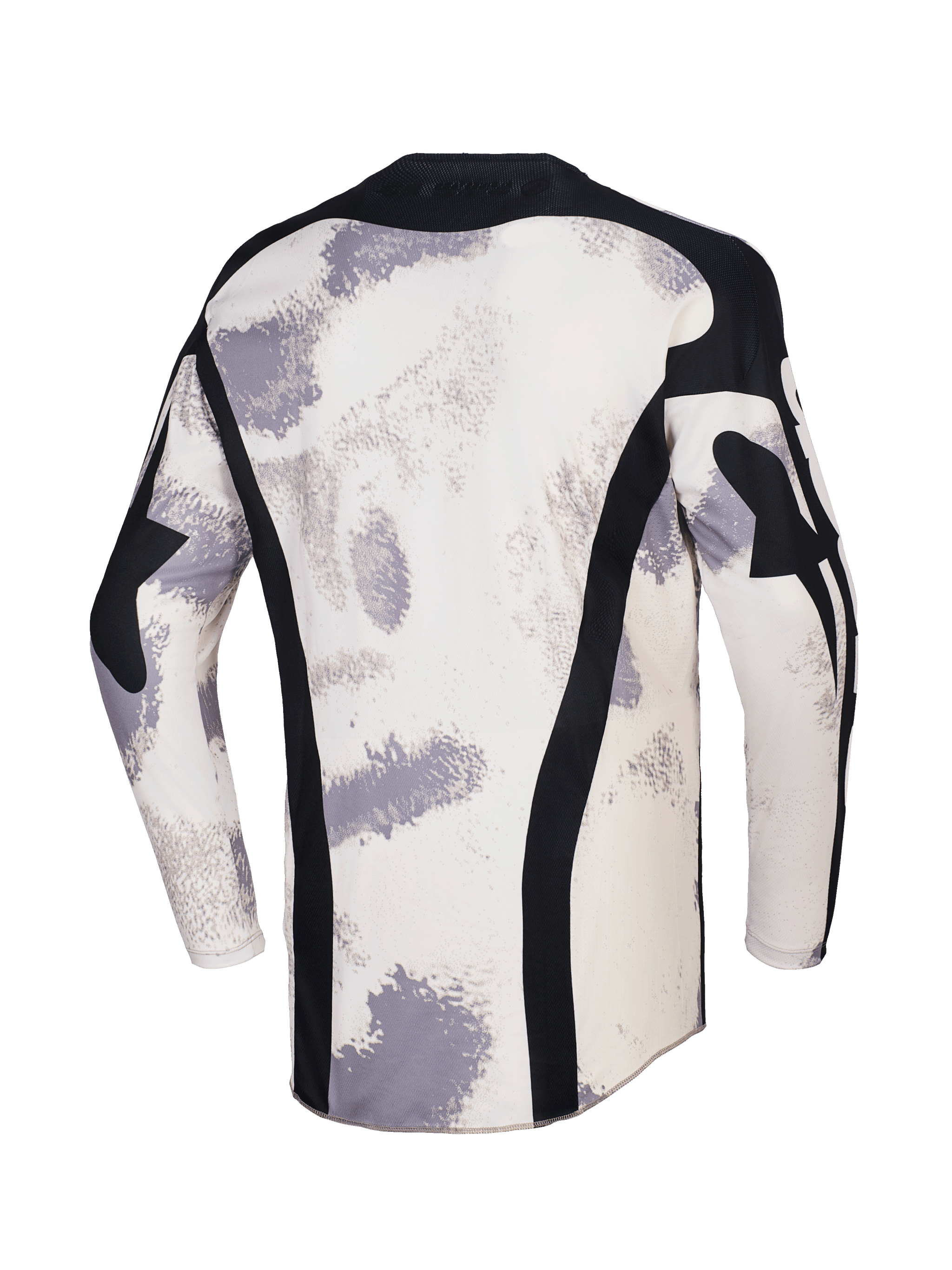 Alpinestars 2026 Racer Lahnd Jersey, camisola de motocross, camuflado areia com padrões de pinceladas em off-white e cinzento, vista traseira com painéis verticais em malha preta, gola preta e perfil traseiro alongado para maior cobertura.