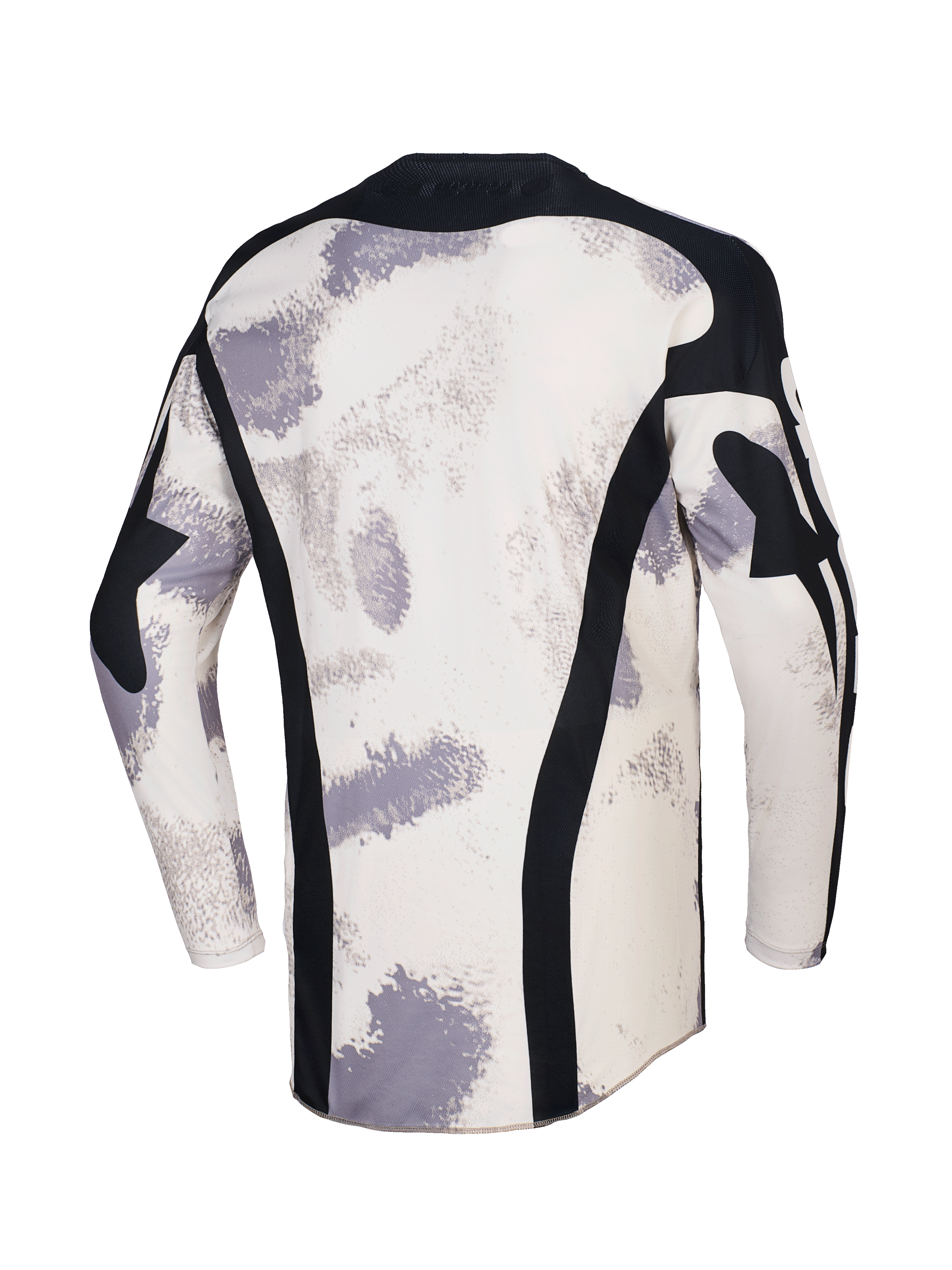 Alpinestars 2026 Racer Lahnd Jersey, camisola de motocross, camuflado areia com padrões de pinceladas em off-white e cinzento, vista traseira com painéis verticais em malha preta, gola preta e perfil traseiro alongado para maior cobertura.