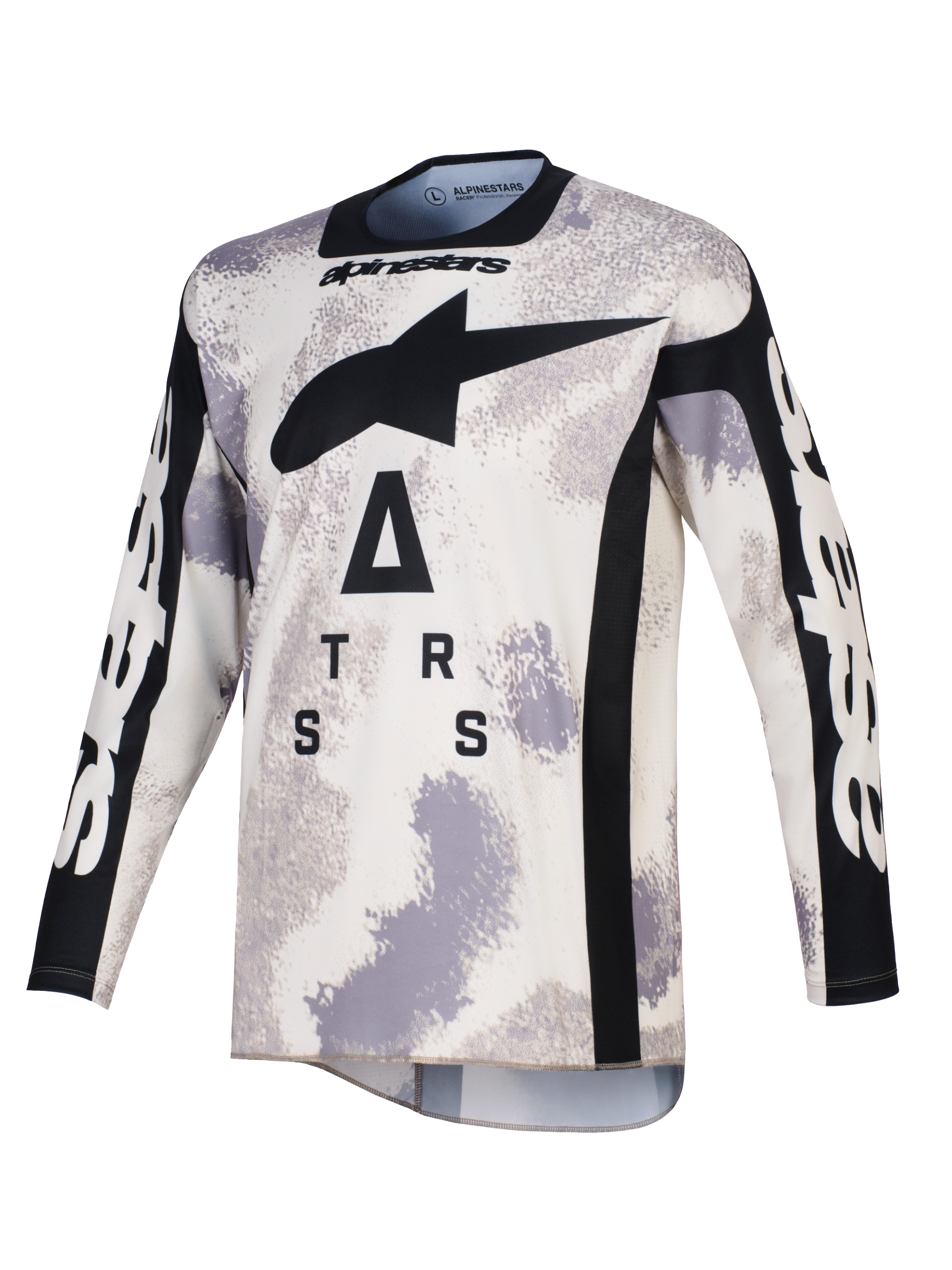 Alpinestars 2026 Racer Lahnd Jersey, camisola de motocross, camuflado de areia em cinzento e branco, com um grande logótipo A-star preto e letras estilizadas no peito, gola redonda e painéis laterais pretos, mangas compridas com a marca em branco, vestuário profissional de corrida off-road.