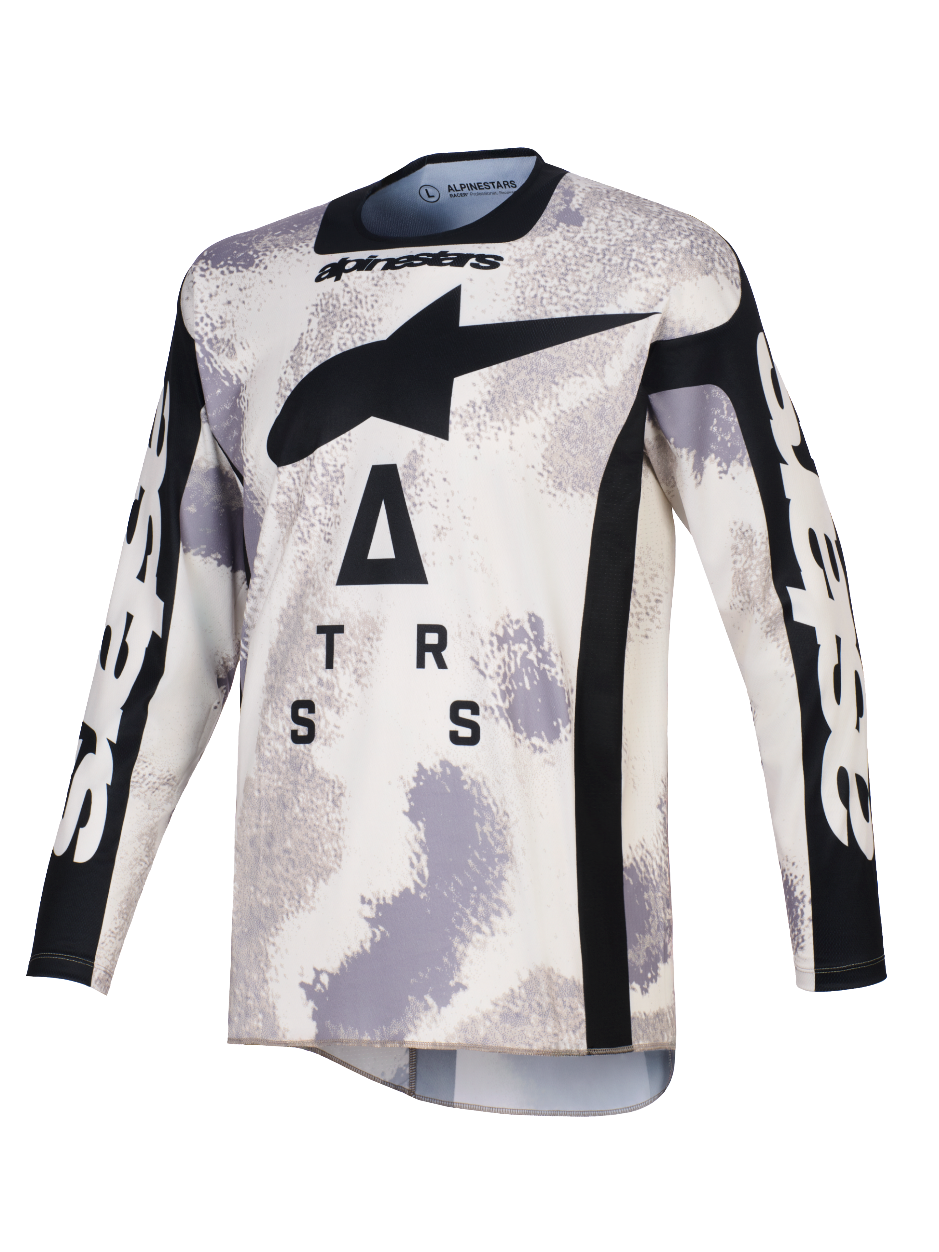 Alpinestars 2026 Racer Lahnd Jersey, camisola de motocross, camuflado de areia em cinzento e branco, com um grande logótipo A-star preto e letras estilizadas no peito, gola redonda e painéis laterais pretos, mangas compridas com a marca em branco, vestuário profissional de corrida off-road.
