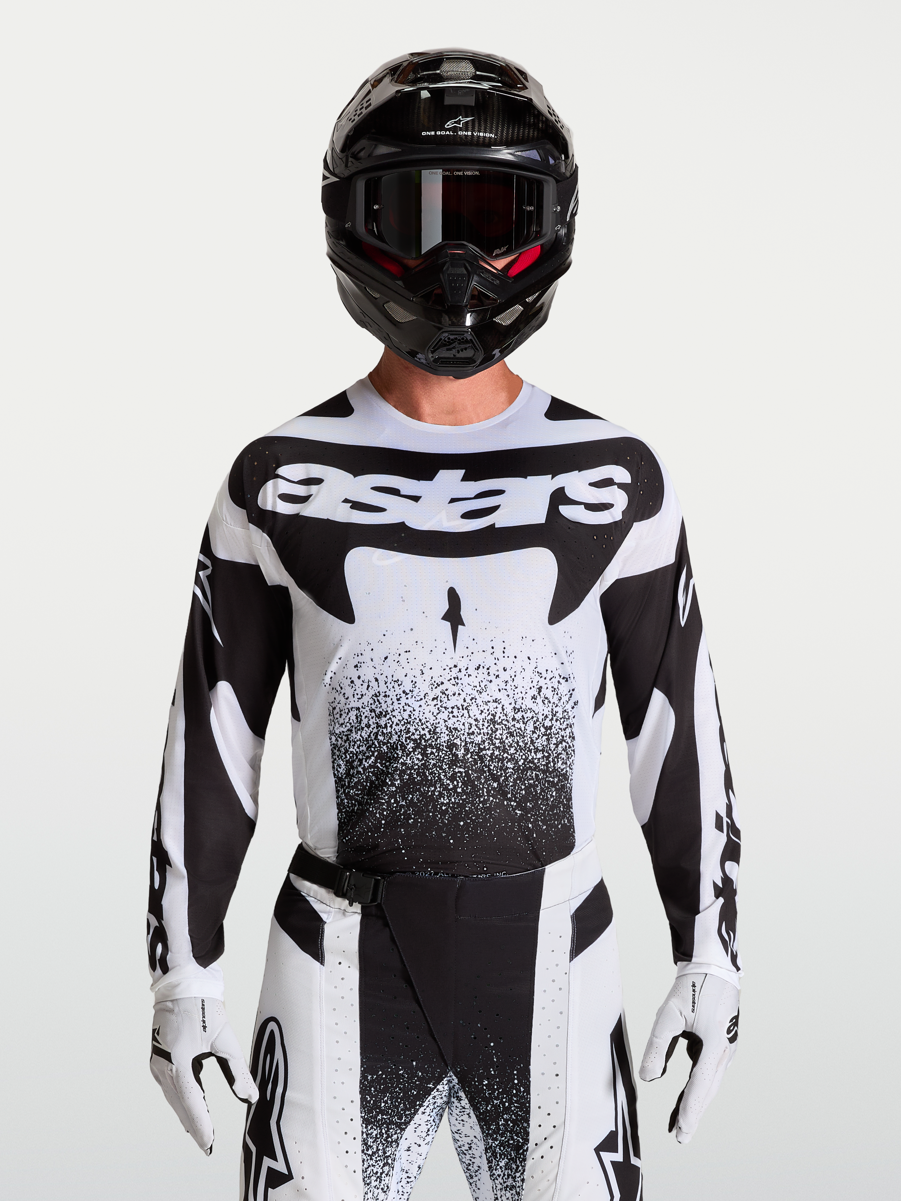 Alpinestars Techstar Swan, camisola de motocross para homem, preta e branca, ajuste atlético em tecido elástico.