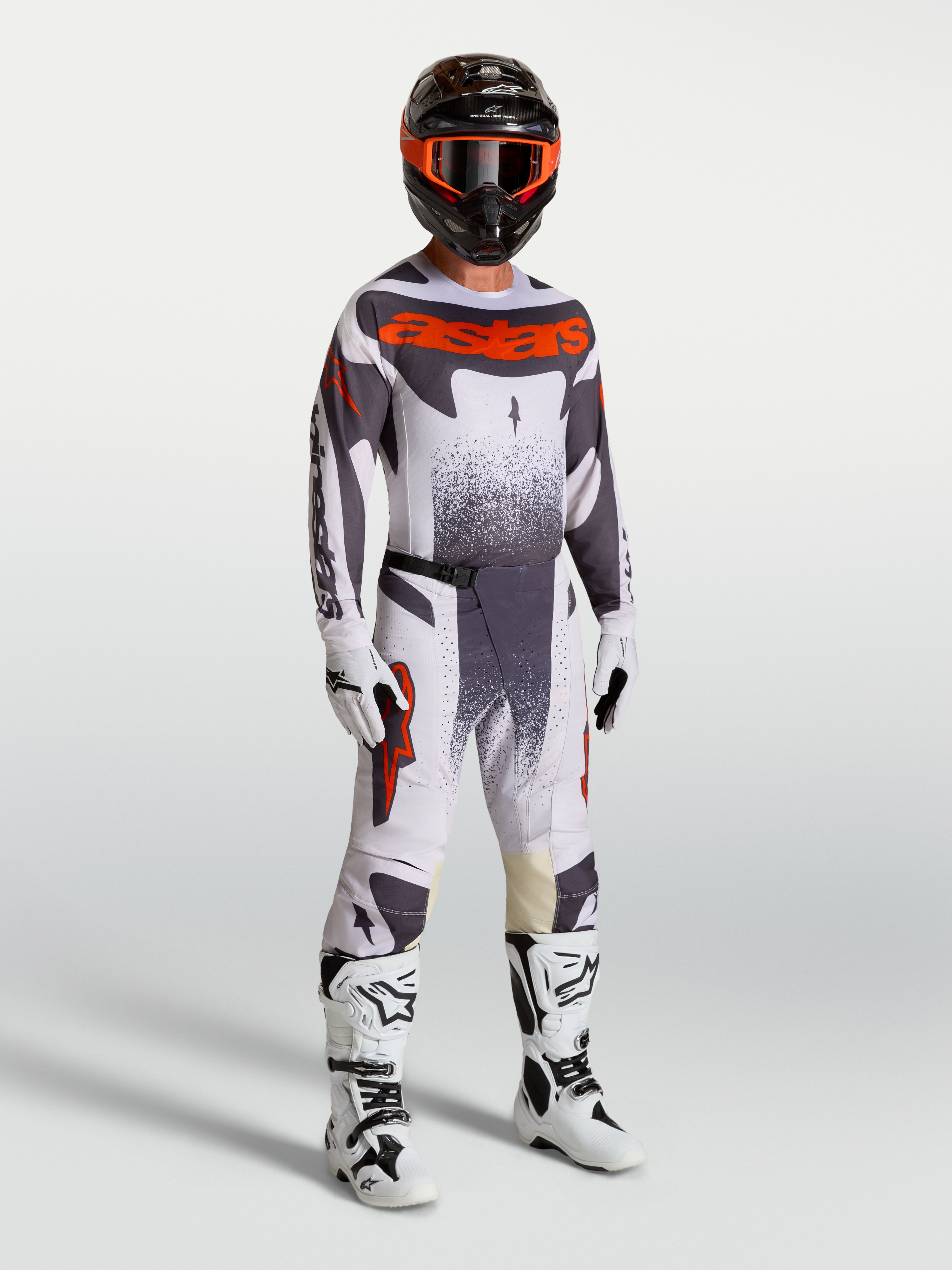 Alpinestars Camisola Techstar Swan e Techstar Swan Gear Set, conjunto de motocross para homem, lilás claro e cinzento com pormenores em vermelho fluo, modelo com equipamento completo