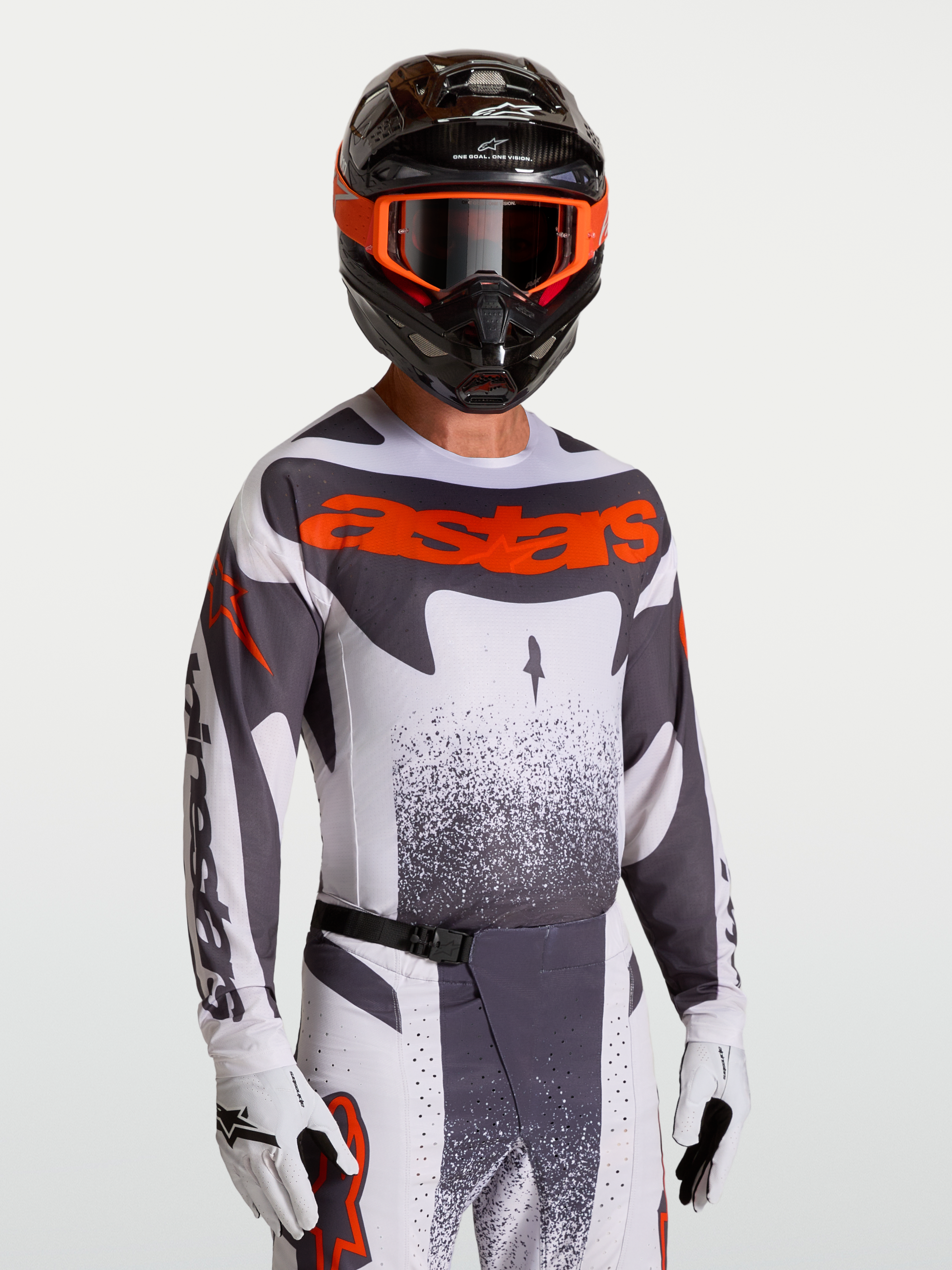 Alpinestars Techstar Swan, camisola de motocross para homem, cinzenta e vermelha fluo, perfurações a laser