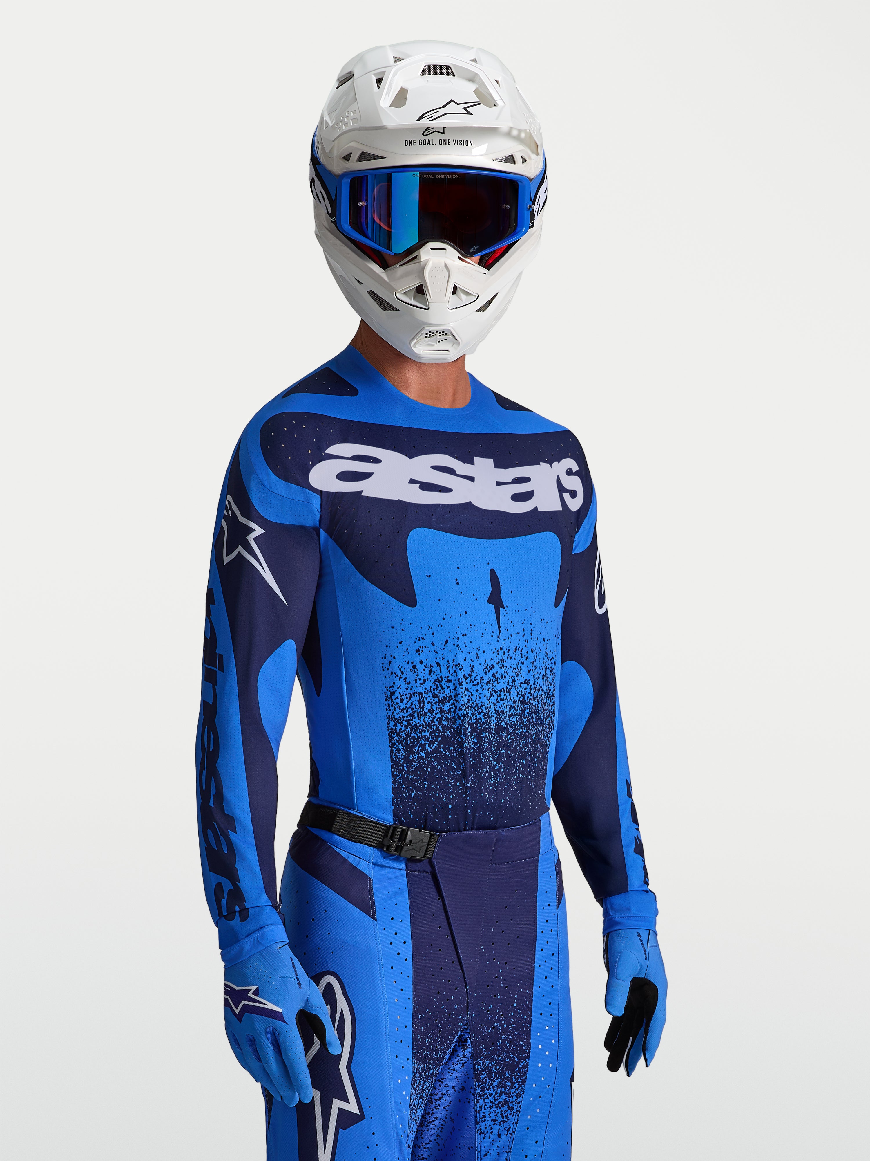 Alpinestars Camisola Techstar Swan, camisola de motocross para homem, azul e azul escuro, ajuste atlético de corrida com ventilação por perfuração a laser.
